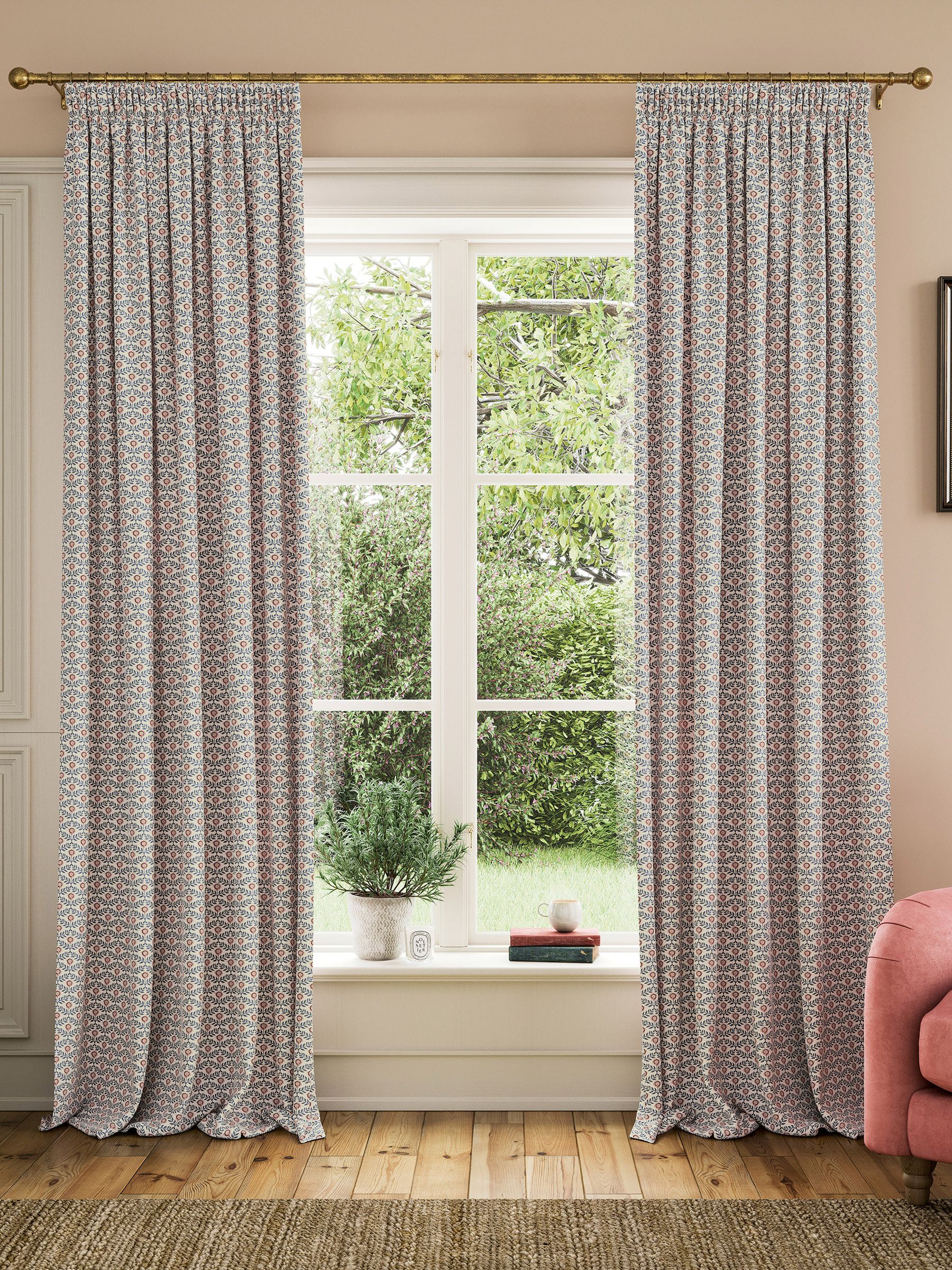 Blue/Creme Floral Foulard Lined Pencil Pleat Curtains - Image 1 of 3 Blue/Creme Floral Foulard Lined Pencil Pleat Curtains - Image 1 of 3