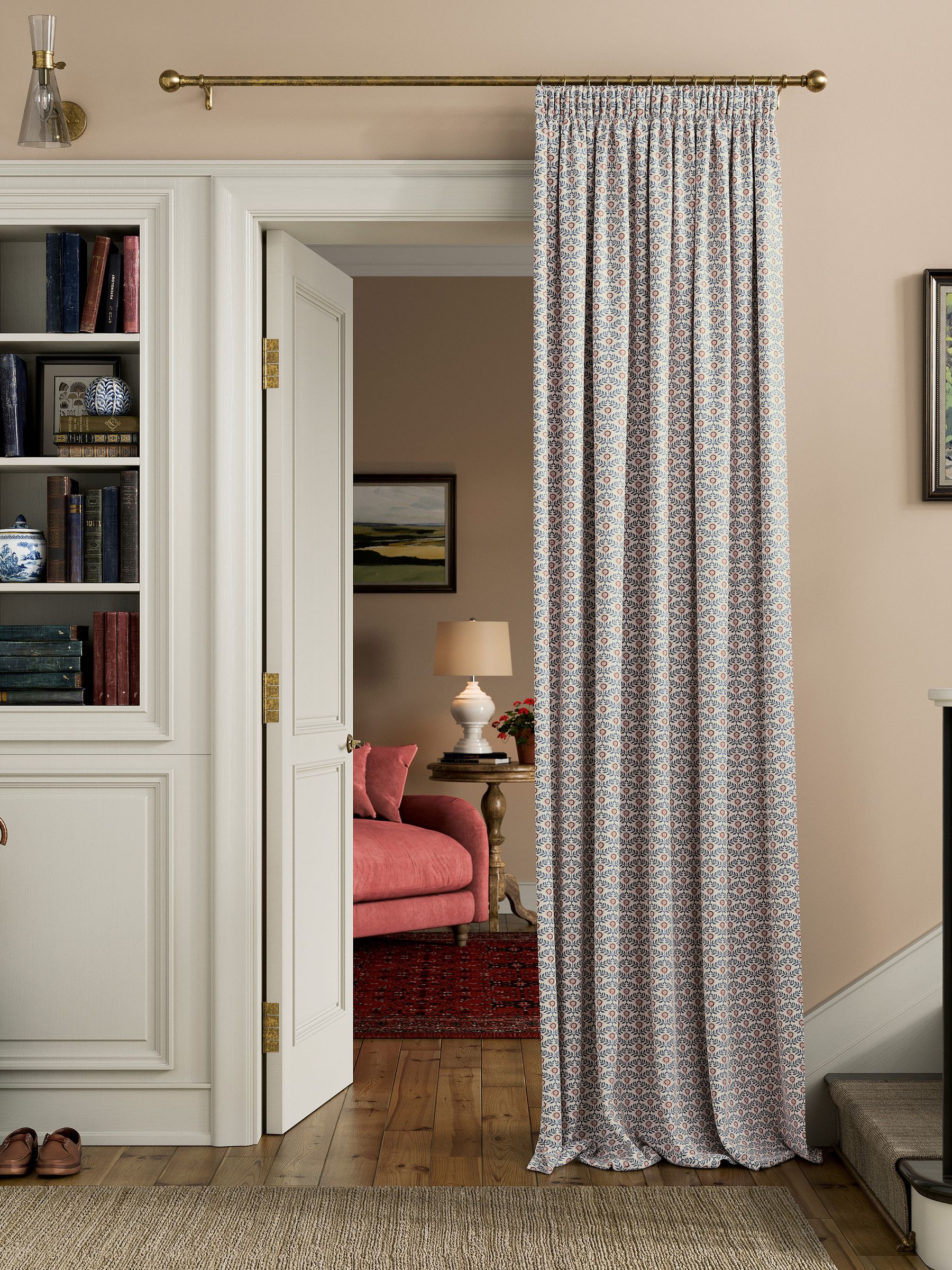 Blue/Creme Floral Foulard Lined Pencil Pleat Curtains - Image 2 of 3