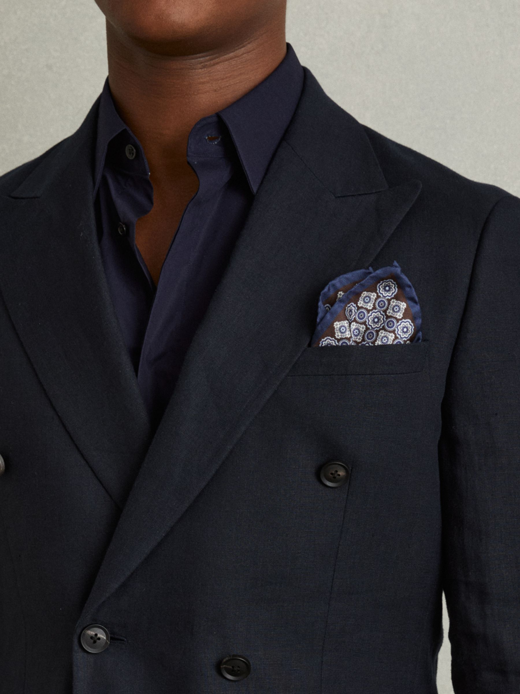Salerno Navy/Chocolate Silk Medallion Print Pocket Square - Image 2 of 5