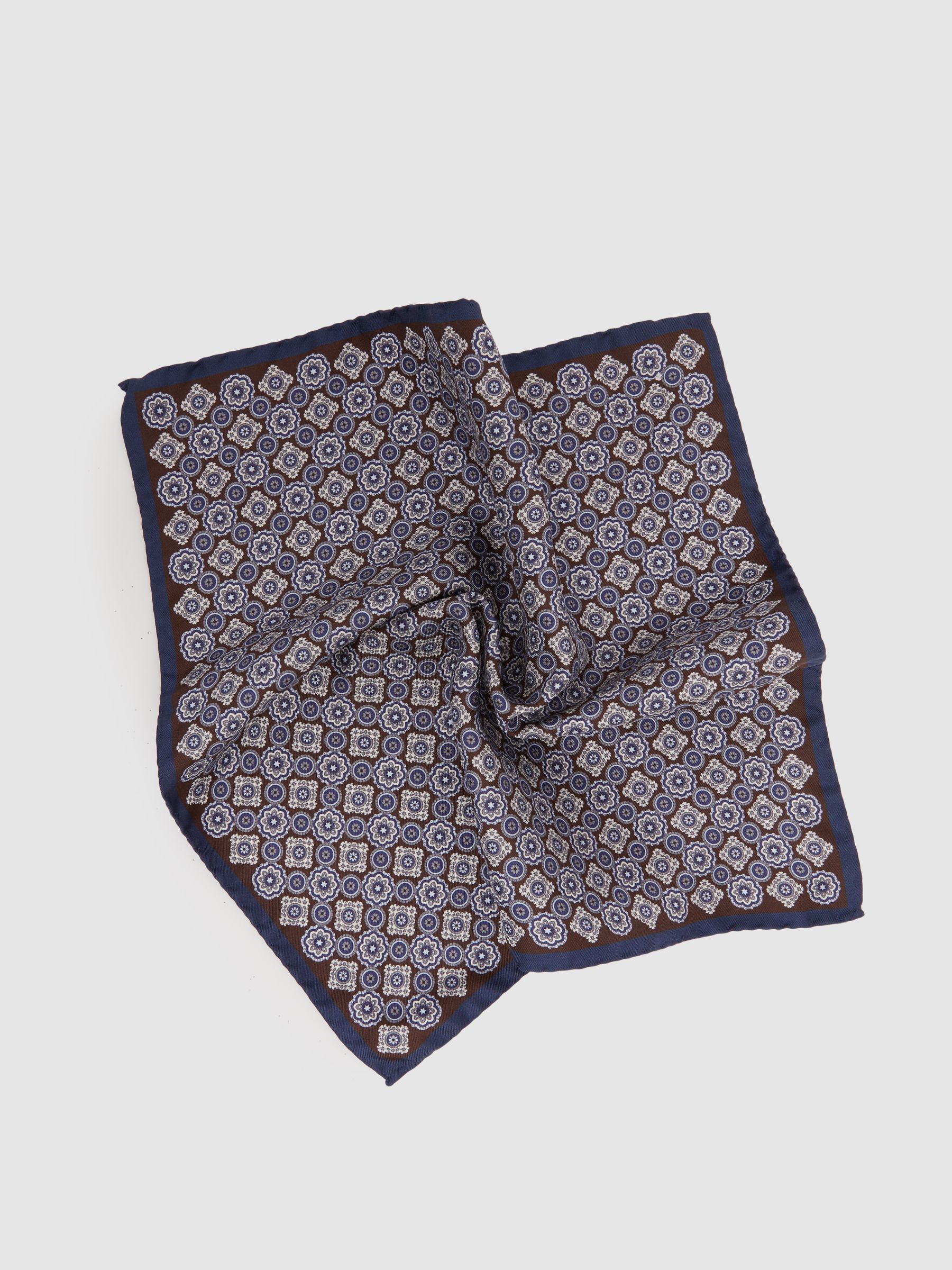Salerno Navy/Chocolate Silk Medallion Print Pocket Square - Image 3 of 5