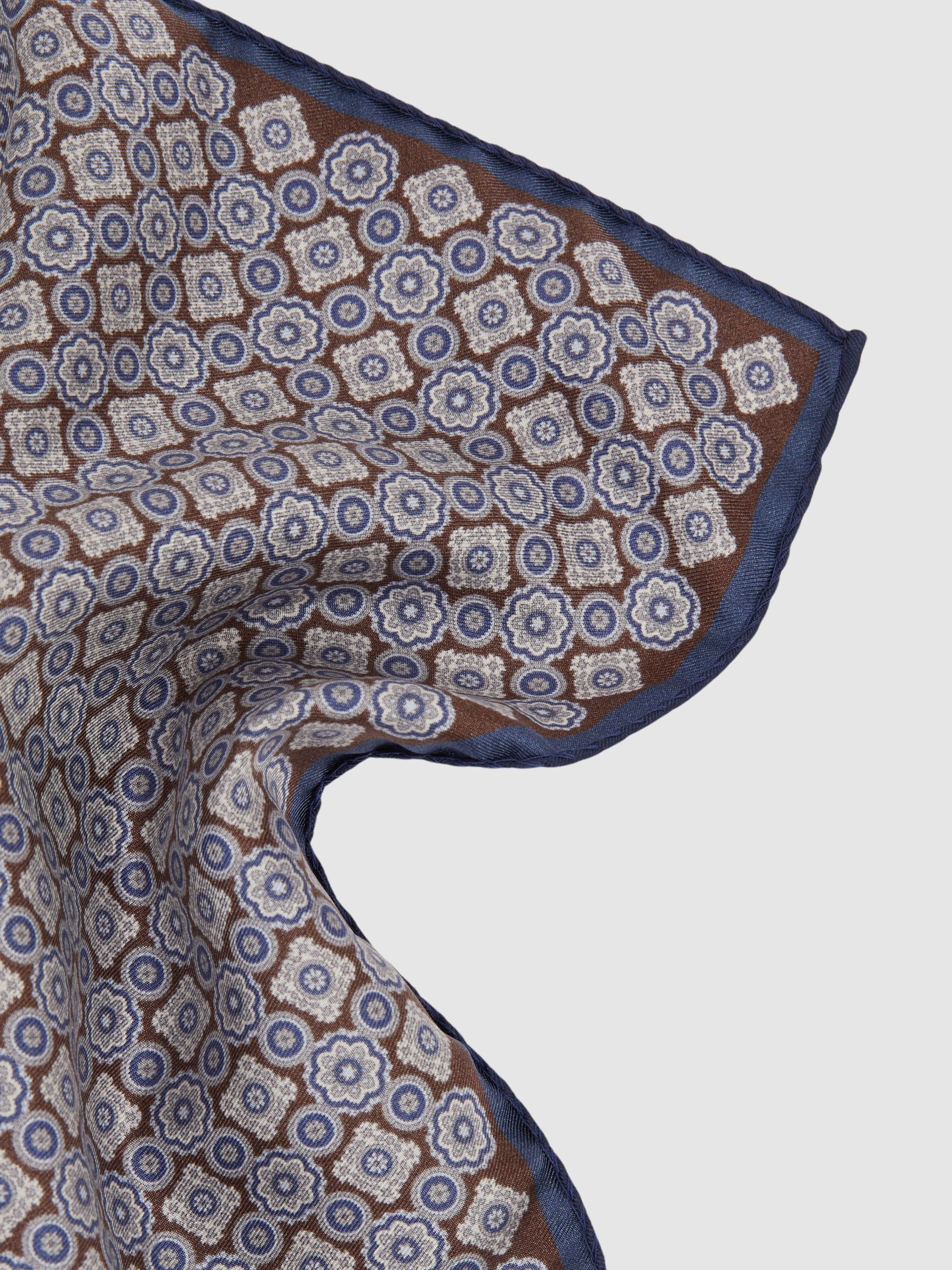 Salerno Navy/Chocolate Silk Medallion Print Pocket Square - Image 4 of 5