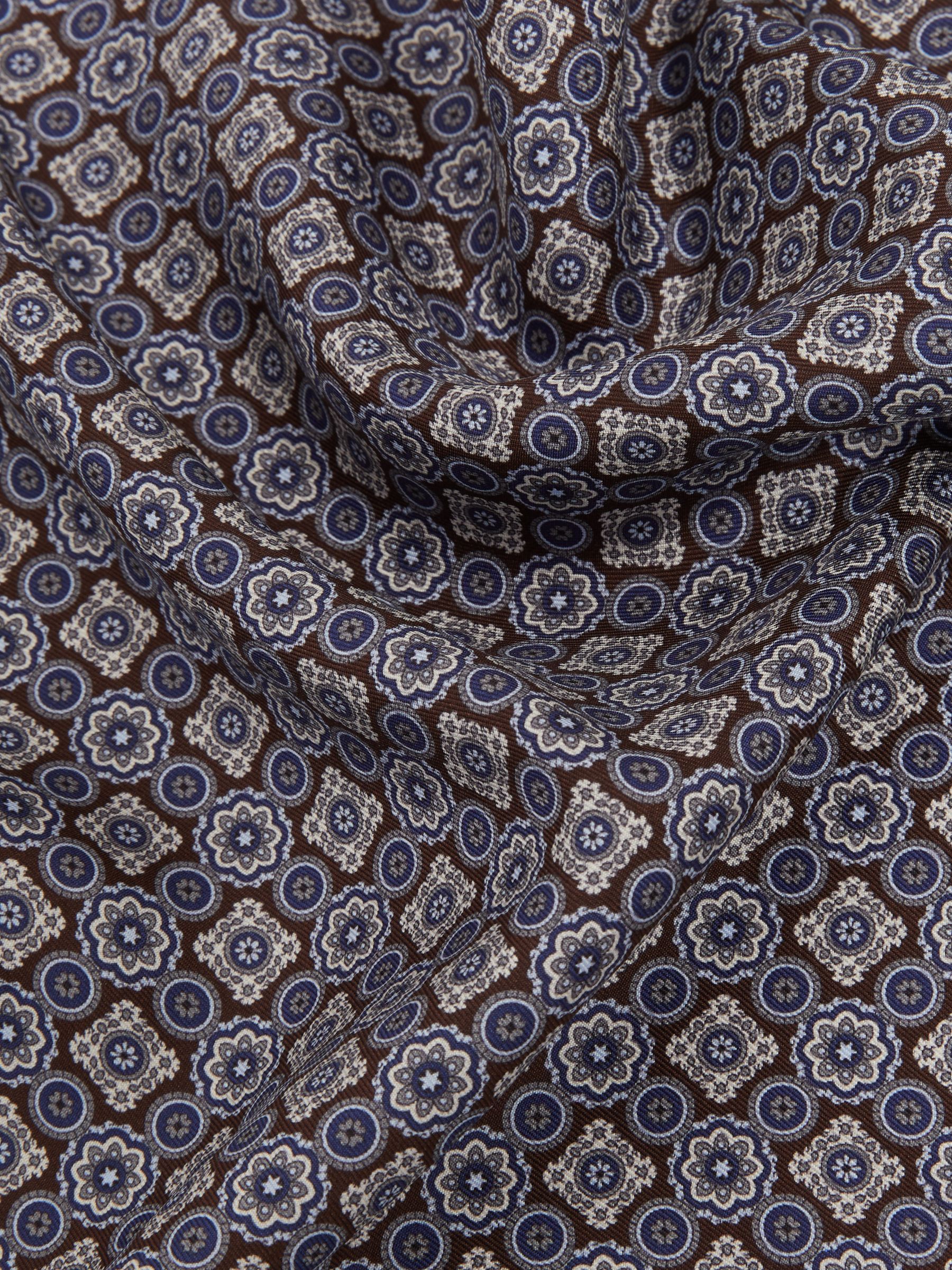 Salerno Navy/Chocolate Silk Medallion Print Pocket Square - Image 5 of 5
