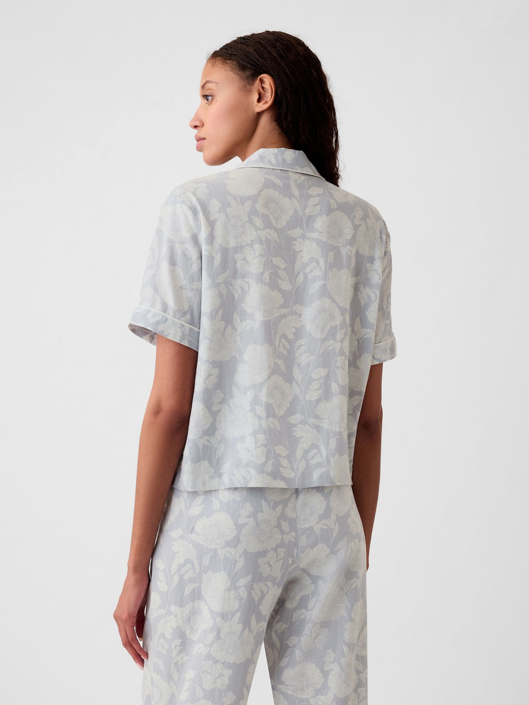 Grey Floral Linen-Blend Pyjama Shirt - Image 2 of 4