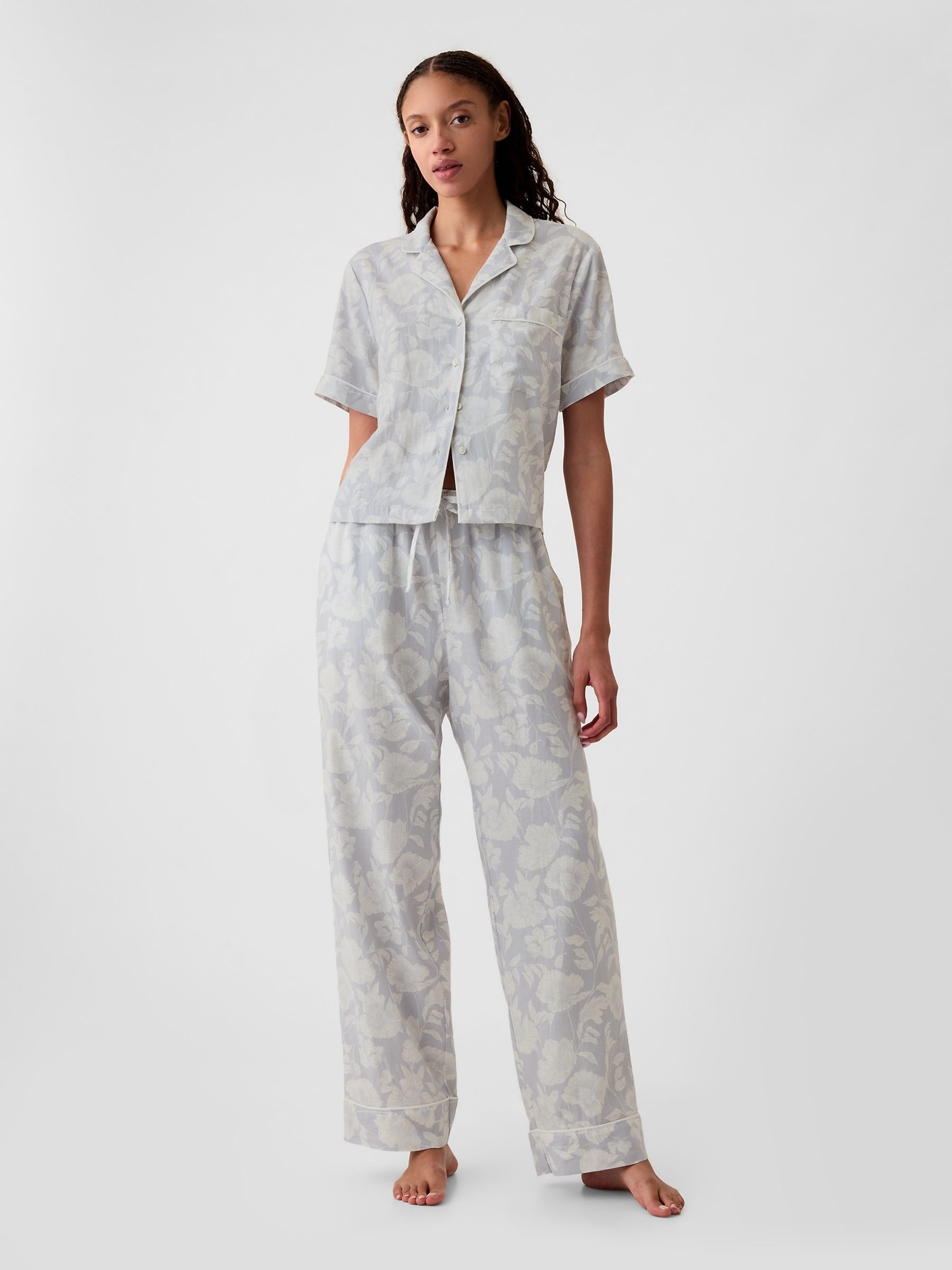 Grey Floral Linen-Blend Pyjama Shirt - Image 3 of 4