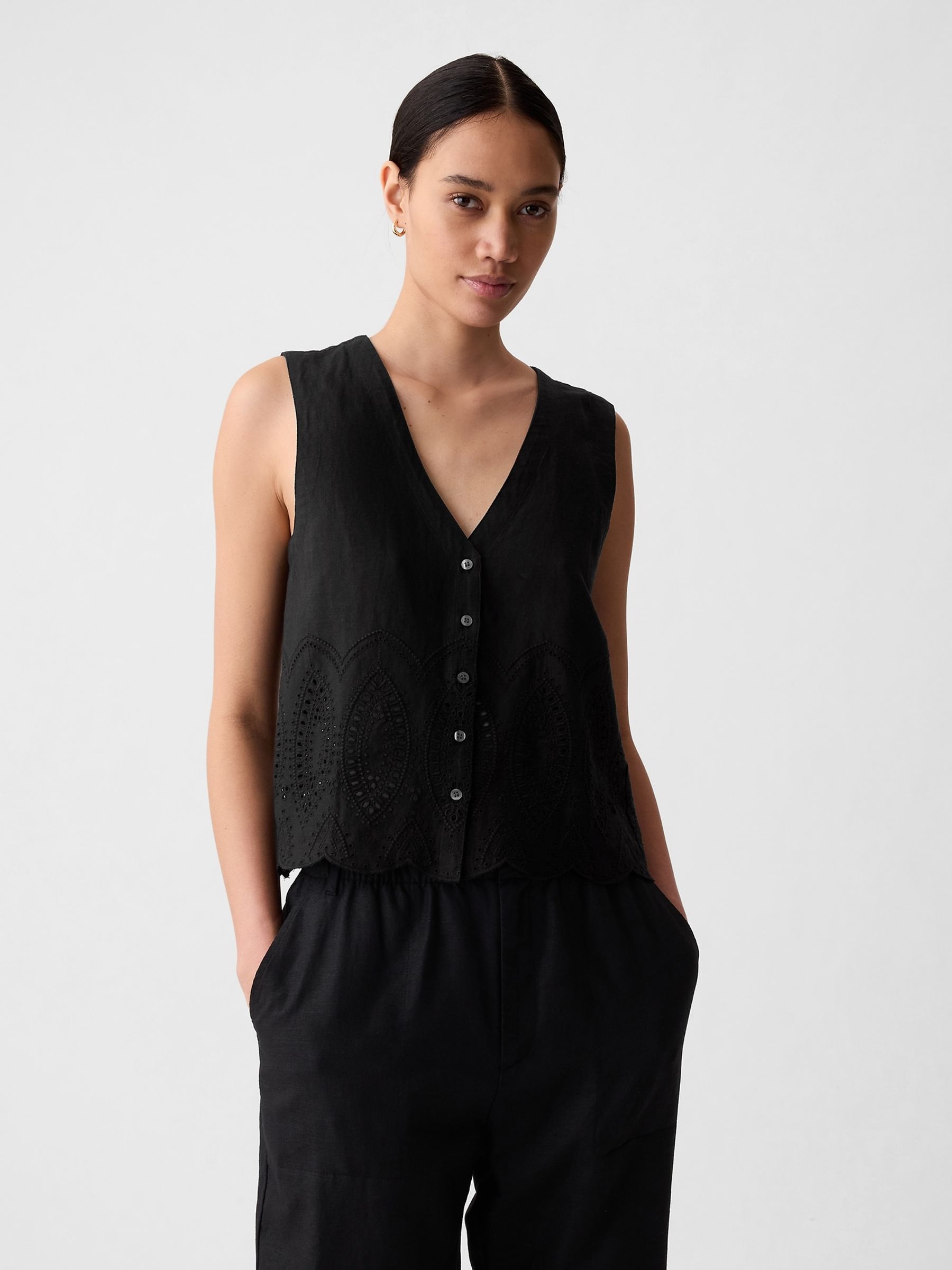Black Linen Blend Waistcoat Vest - Image 1 of 4
