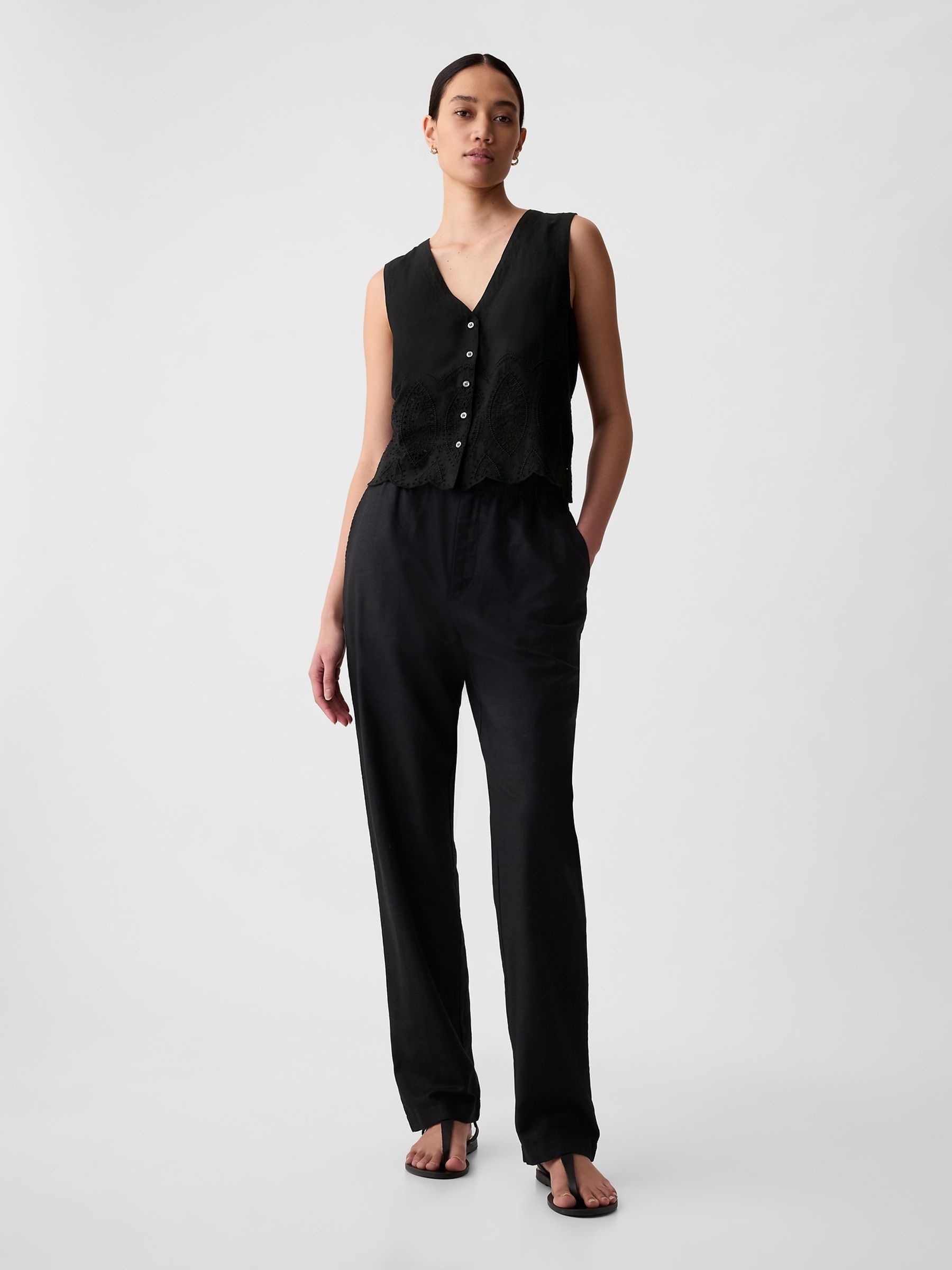 Black Linen Blend Waistcoat Vest - Image 3 of 4
