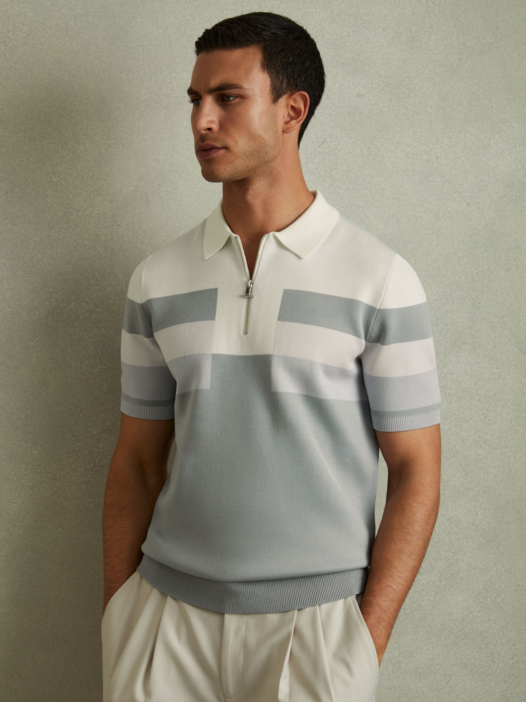 Knitted Colourblock Half-Zip Polo Shirt in Ice Blue - Image 1 of 5