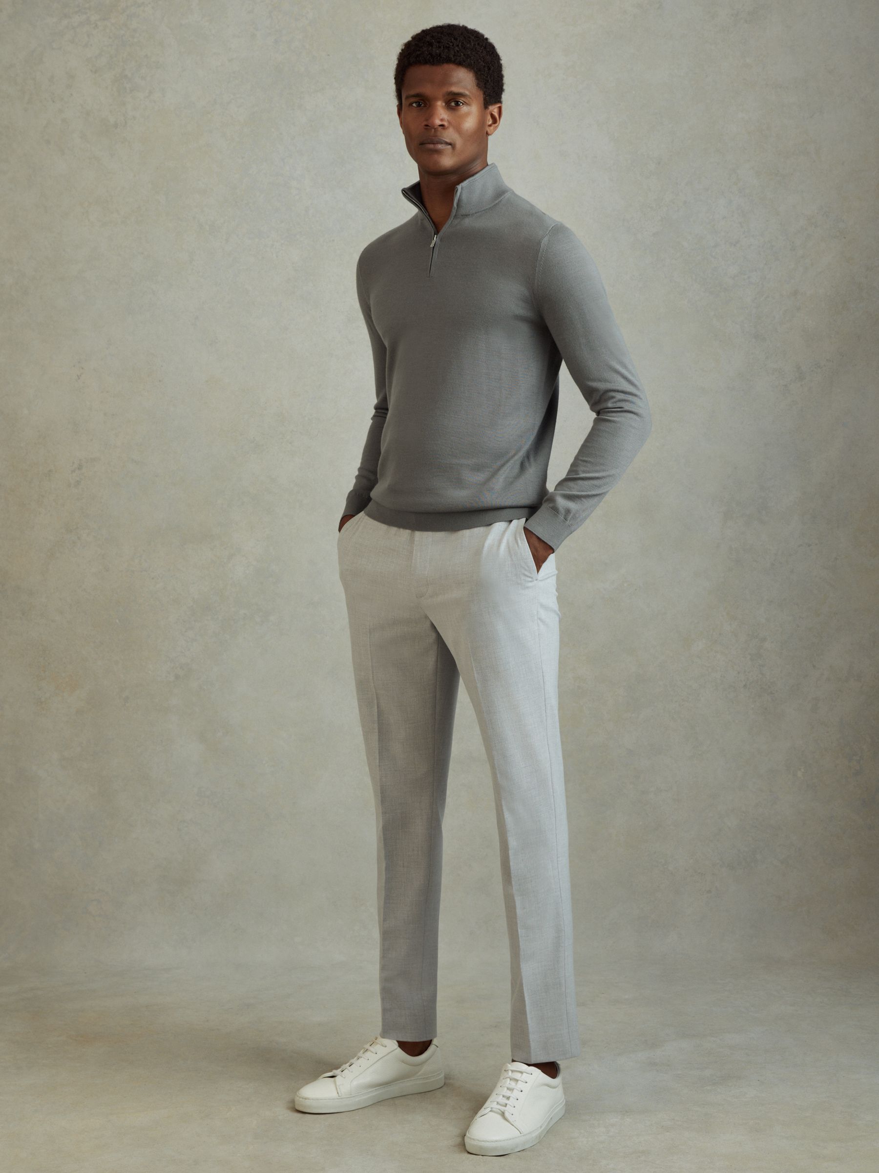 Merino Wool Half-Zip Funnel Neck Jumper in Dusty Green - Image 1 of 5