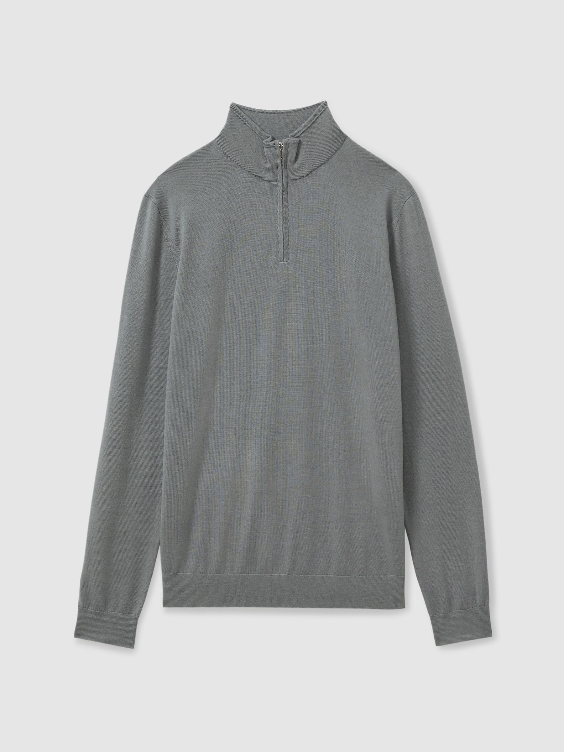 Merino Wool Half-Zip Funnel Neck Jumper in Dusty Green - Image 2 of 5