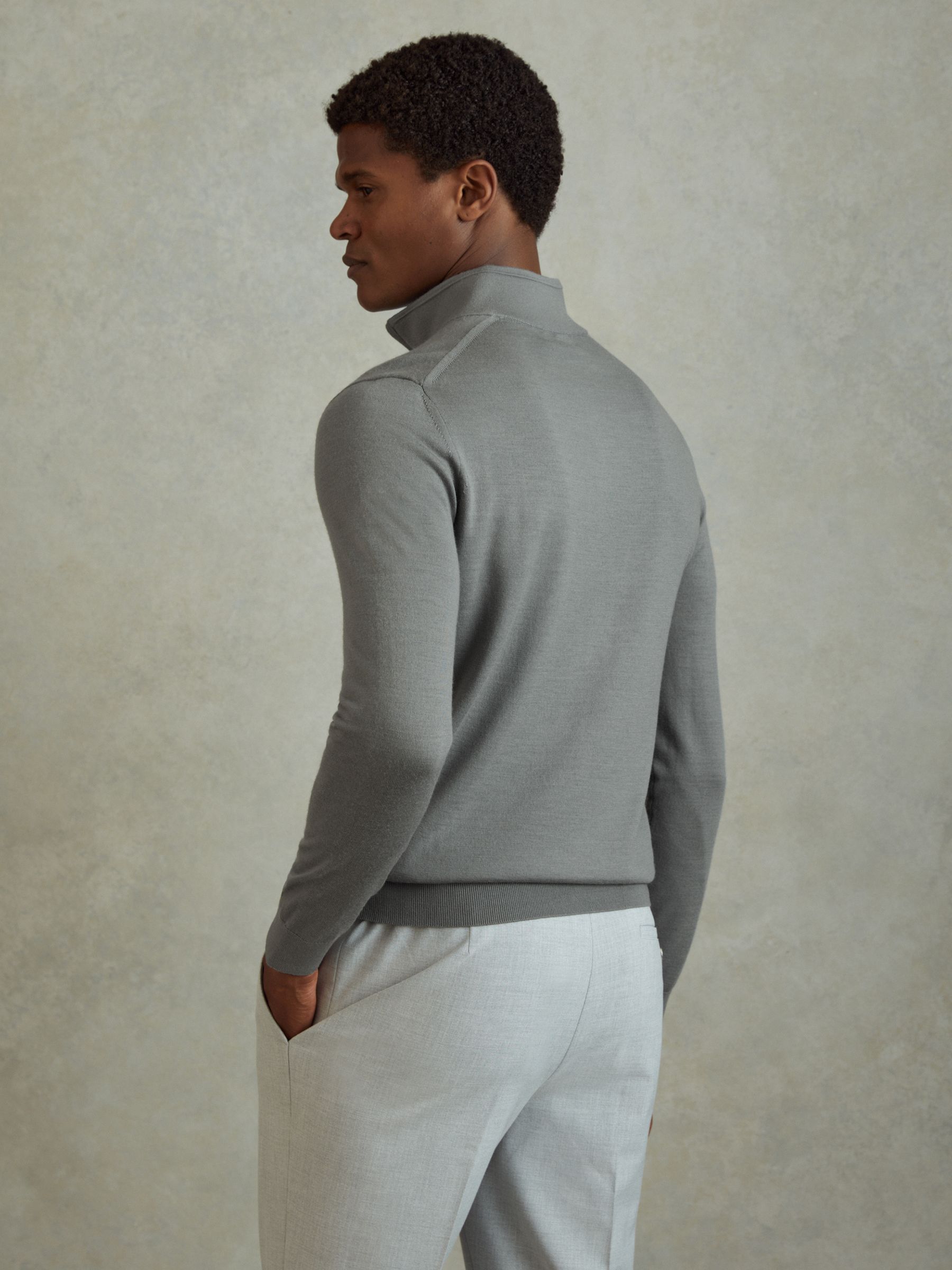 Merino Wool Half-Zip Funnel Neck Jumper in Dusty Green - Image 4 of 5