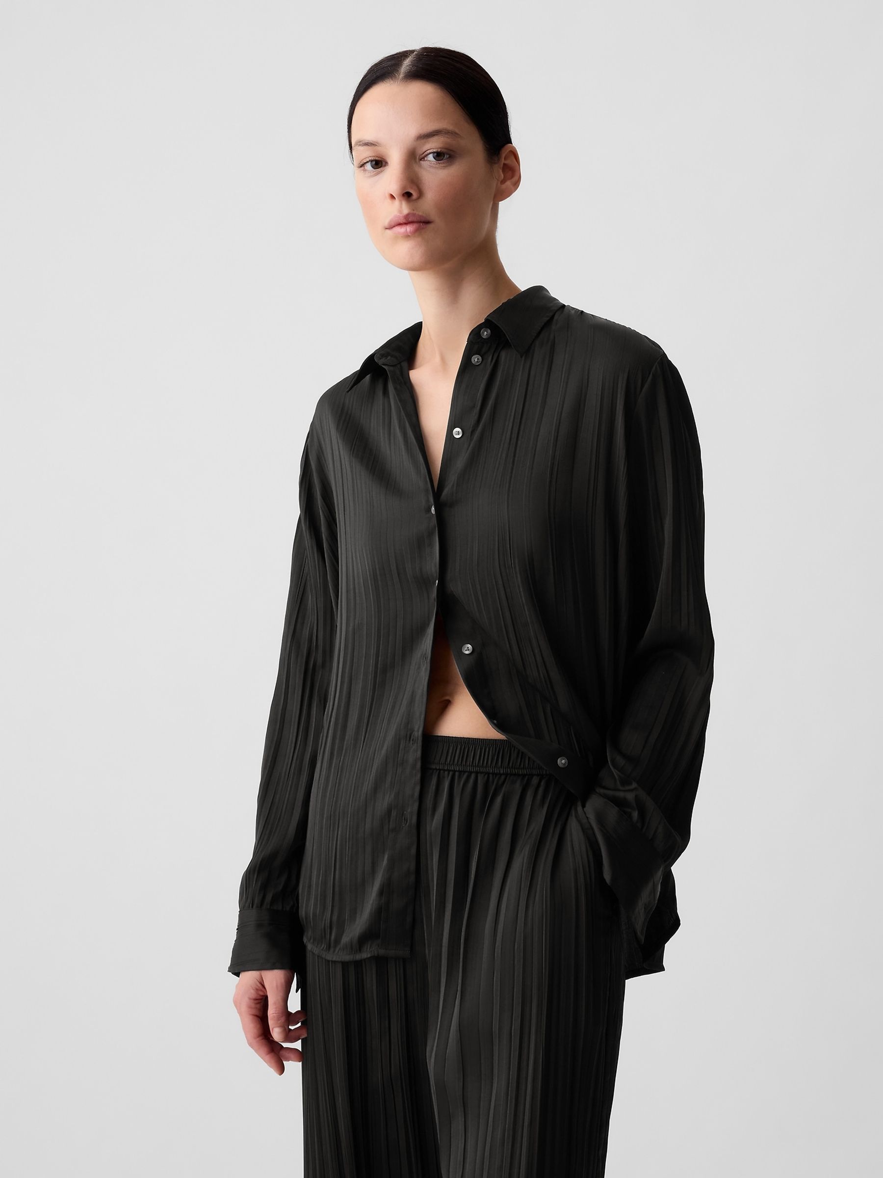 Black Pleated Satin Oversized Shirt - Image 1 of 4