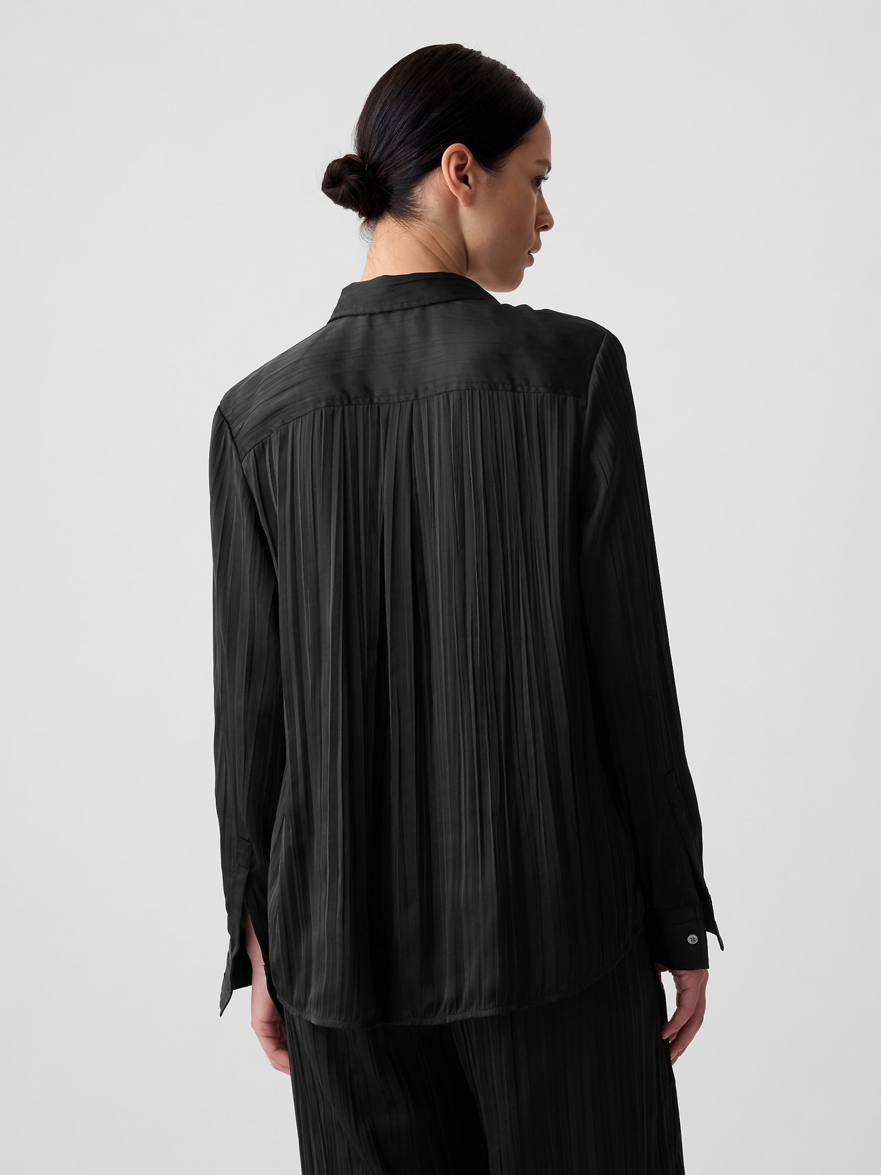 Black Pleated Satin Oversized Shirt - Image 2 of 4