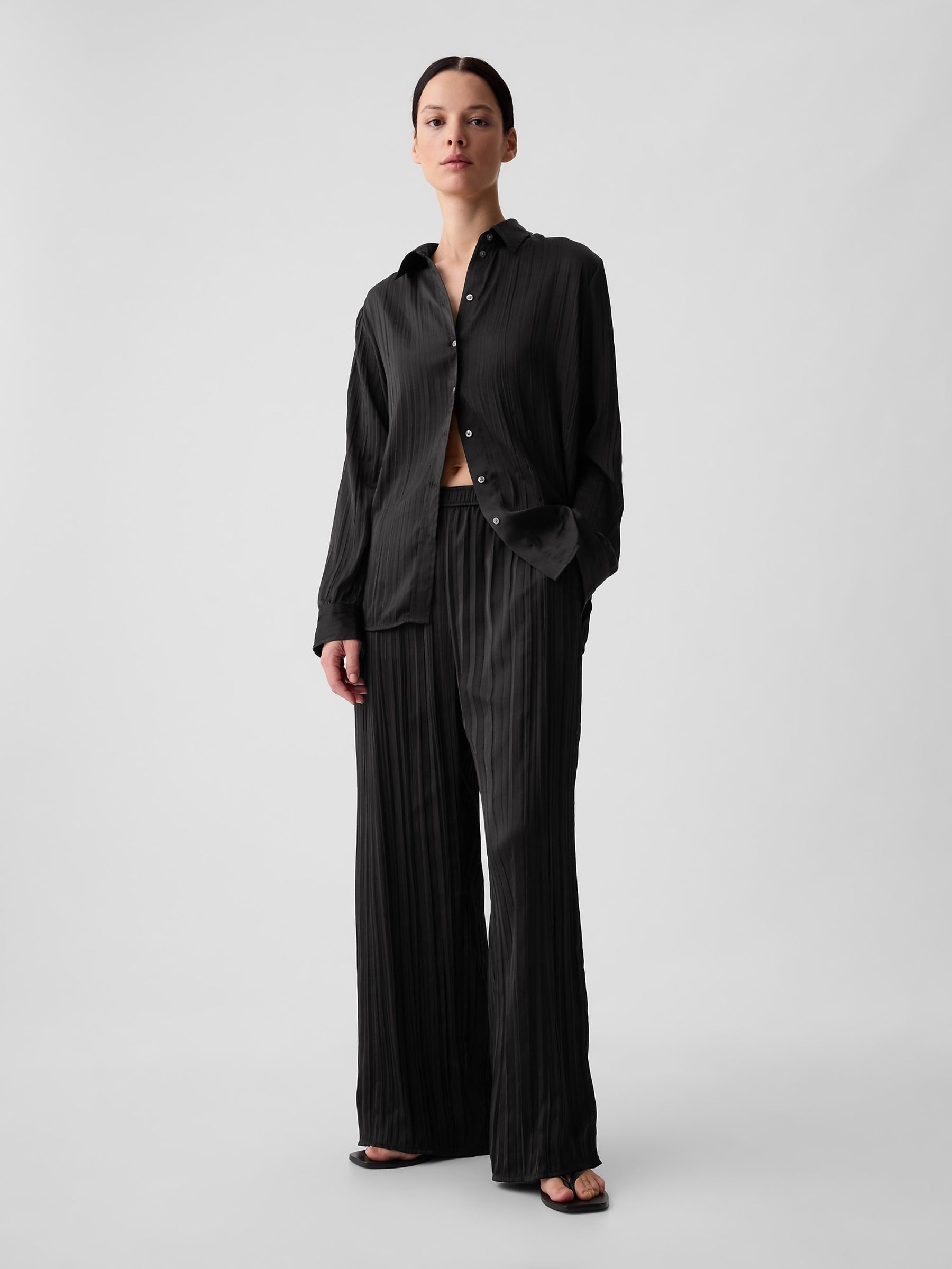 Black Pleated Satin Oversized Shirt - Image 3 of 4