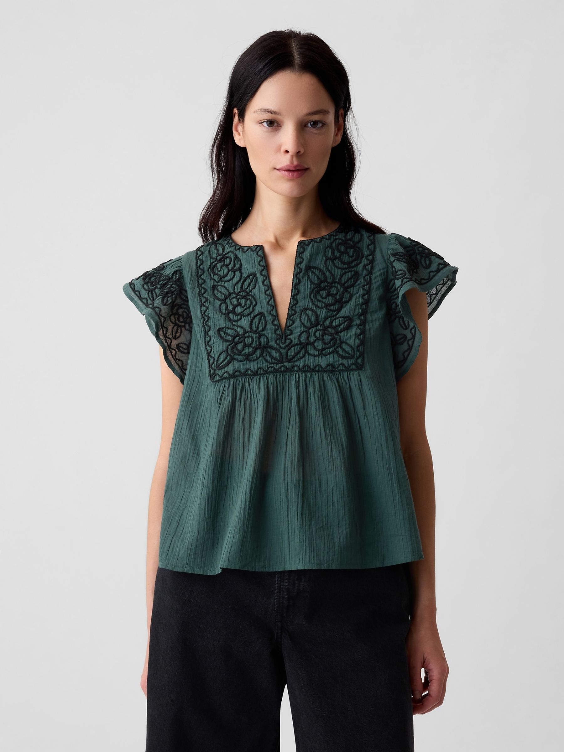 Green Crinkle Gauze Embroidered Cropped Shirt - Image 1 of 5