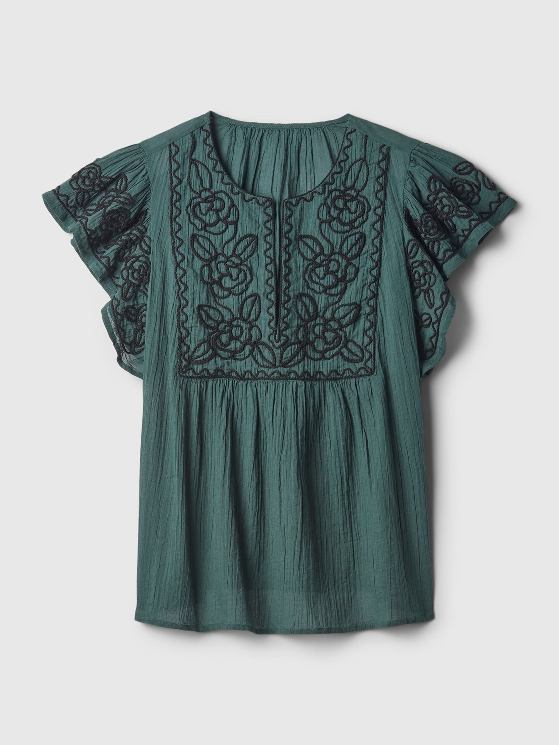 Green Crinkle Gauze Embroidered Cropped Shirt - Image 5 of 5