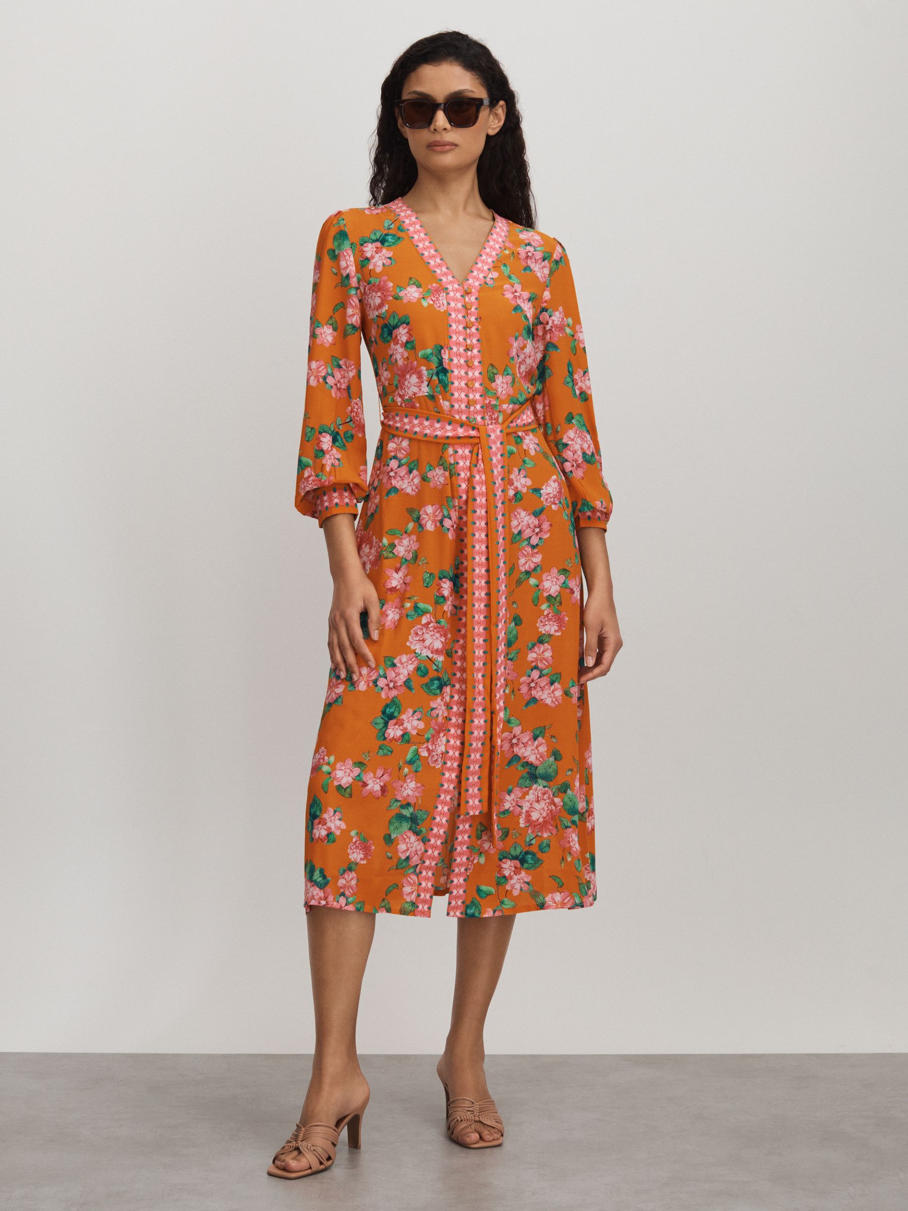 Raishma Silk Belted Midi Dress in Orange - Image 1 of 5