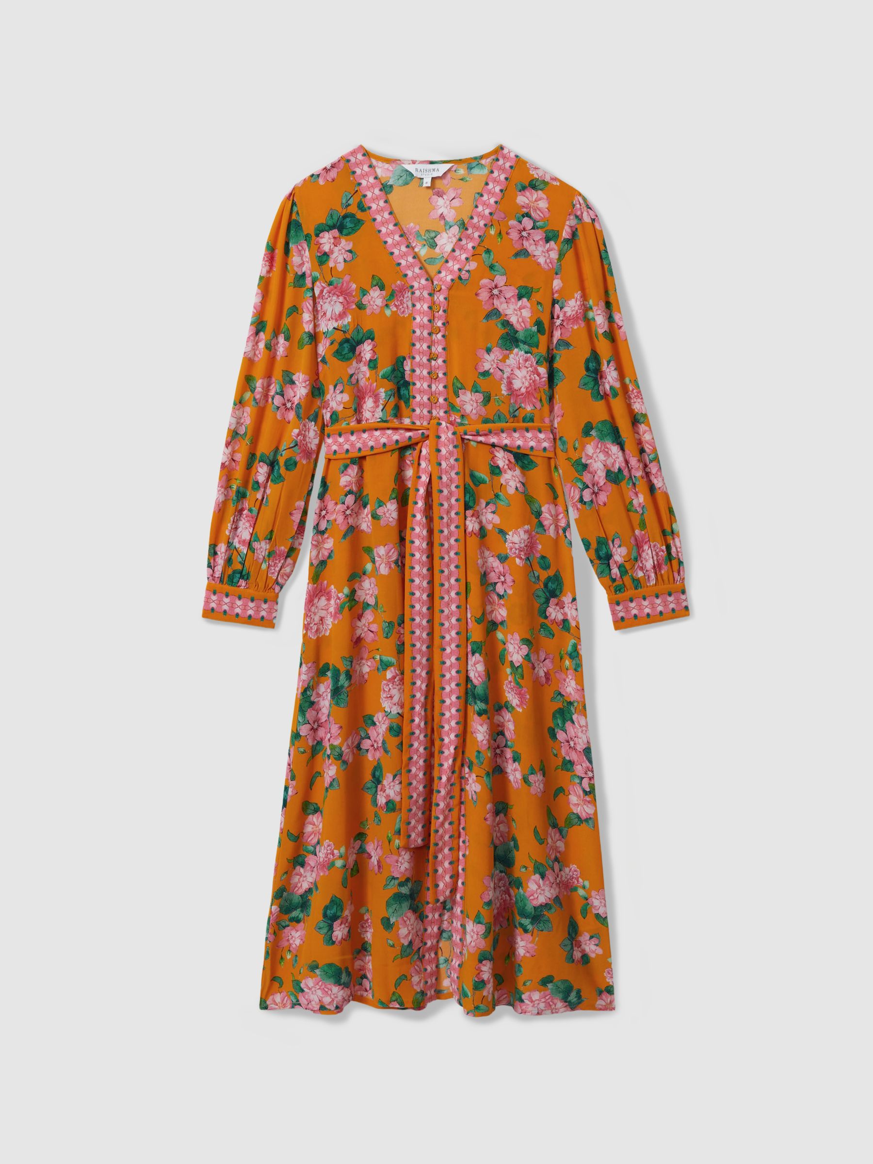 Raishma Silk Belted Midi Dress in Orange - Image 2 of 5
