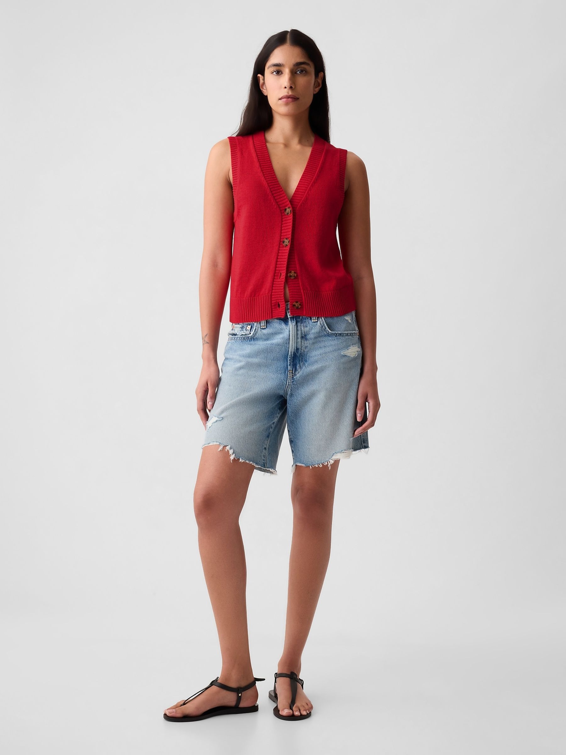 Red Linen Blend Soft Knitted Waistcoat - Image 3 of 5