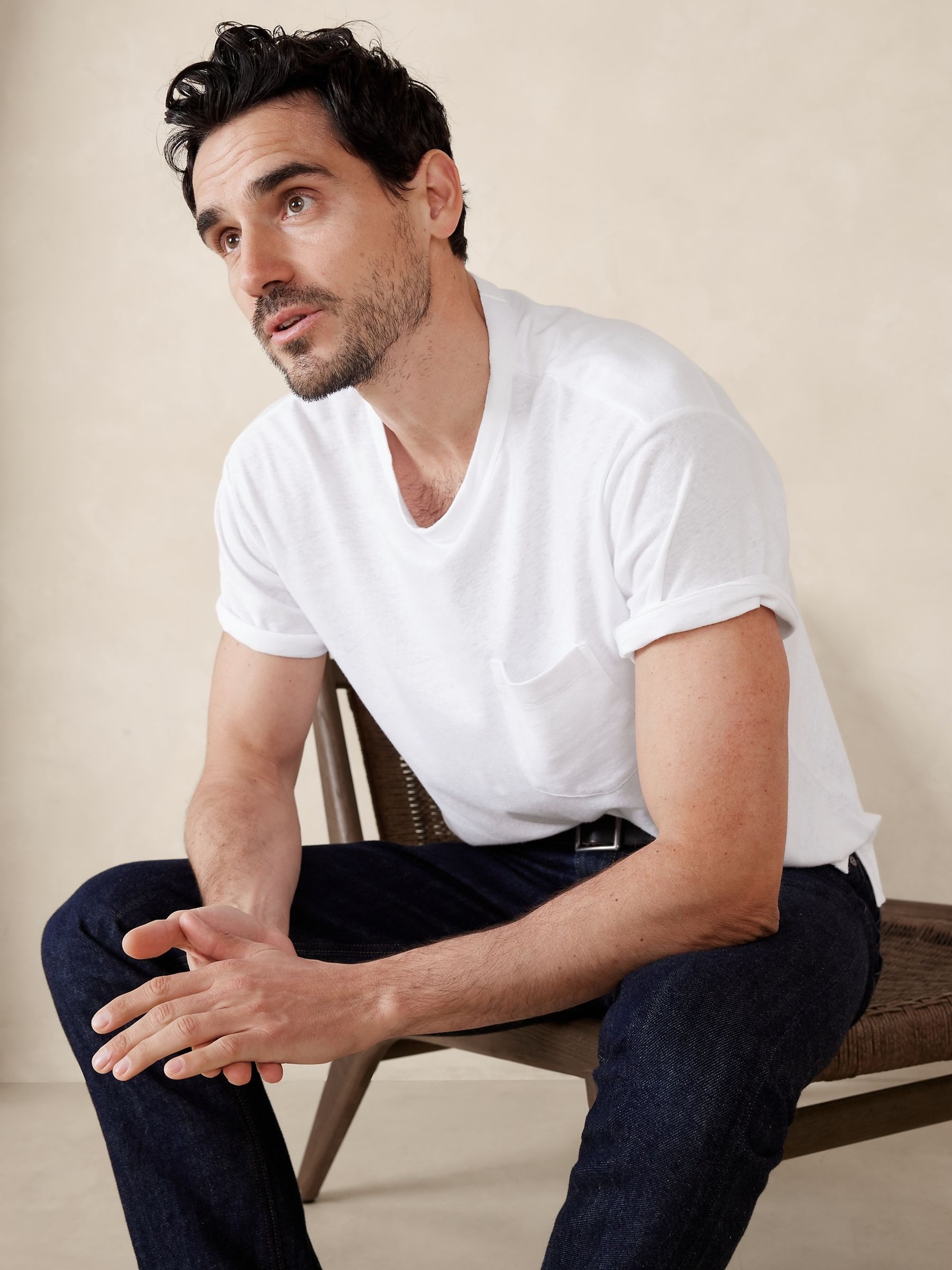 Banana Republic White Linen-Cotton Crew Neck T-Shirt - Image 1 of 1