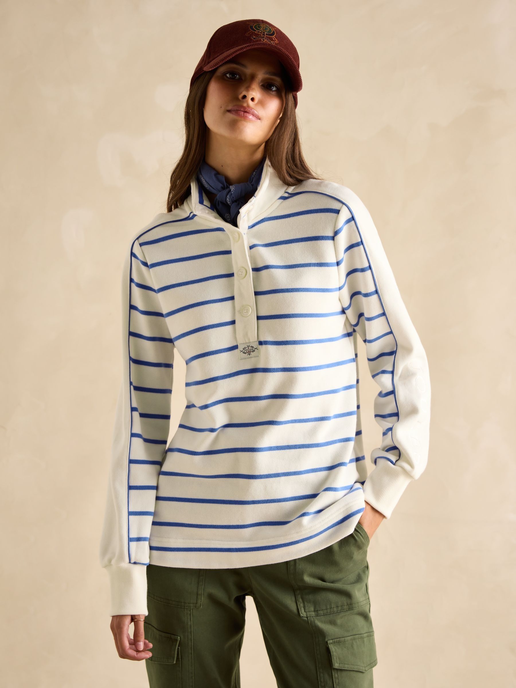 Southwold Cream & Blue Cotton Button Down Striped Sweatshirt - Image 1 of 8