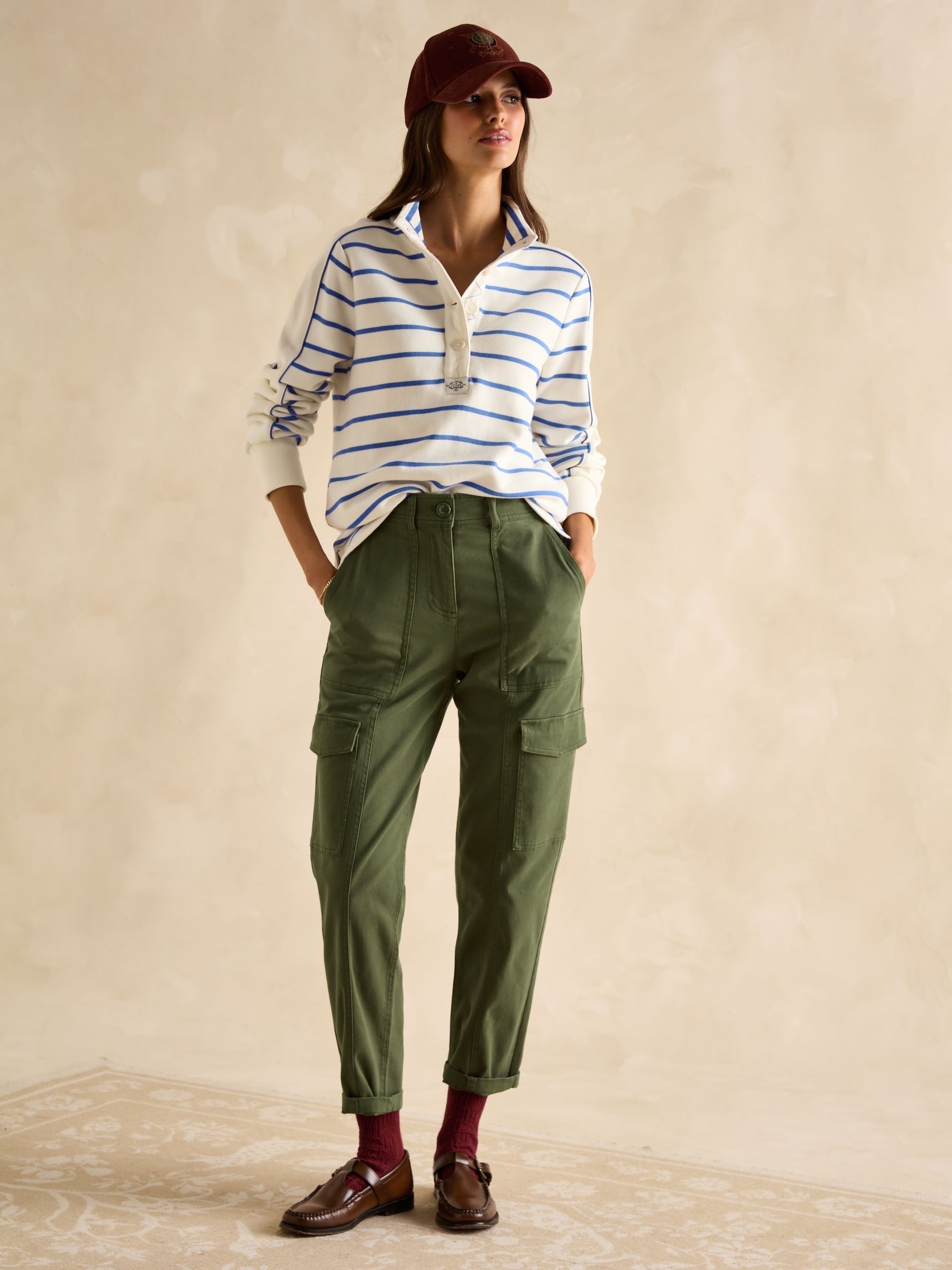 Southwold Cream & Blue Cotton Button Down Striped Sweatshirt - Image 3 of 8