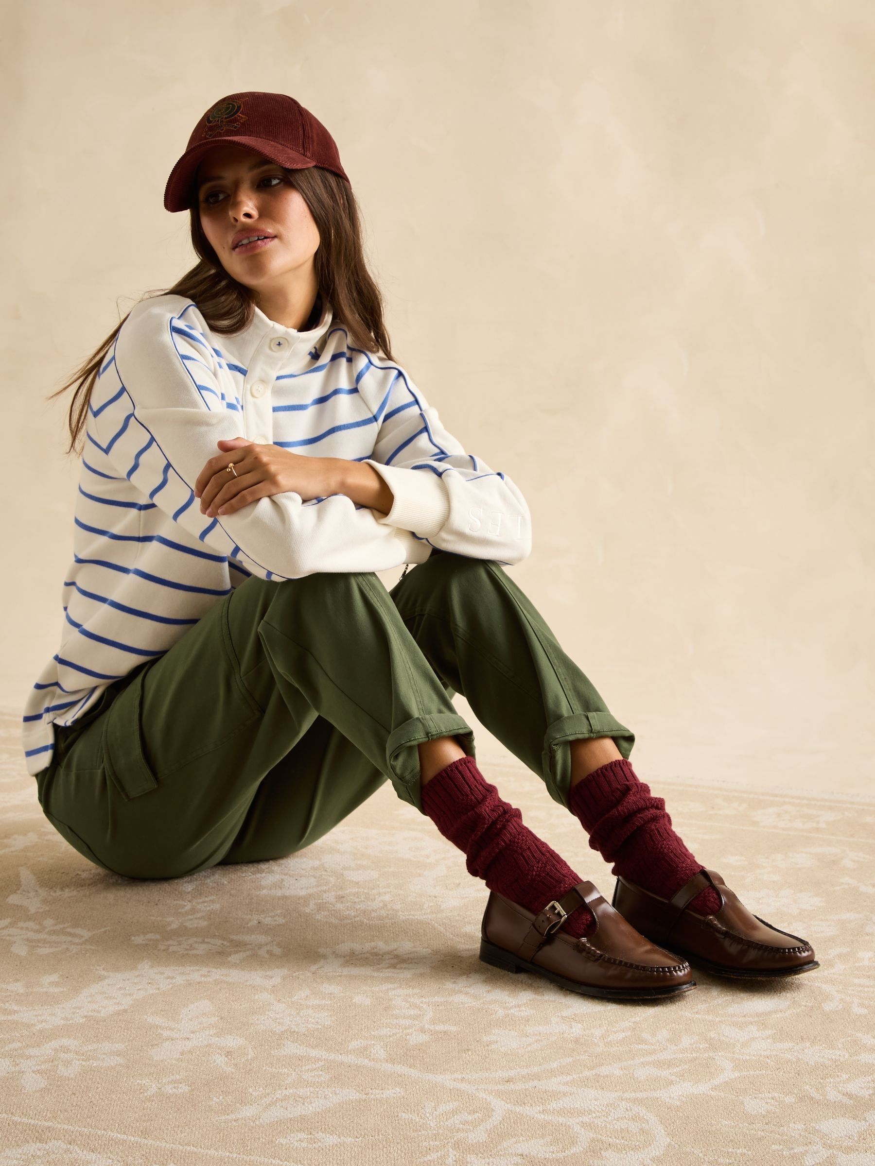 Southwold Cream & Blue Cotton Button Down Striped Sweatshirt - Image 4 of 8