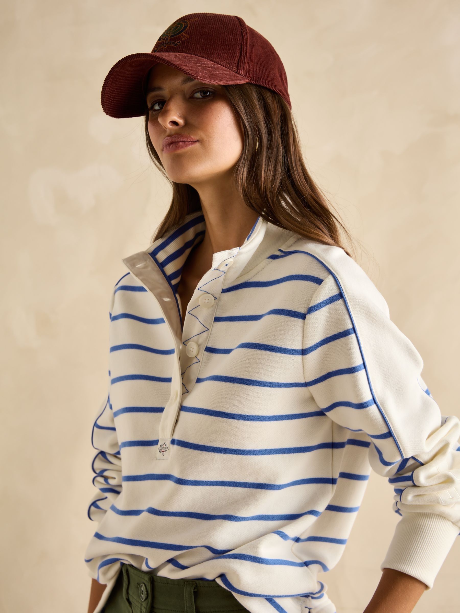 Southwold Cream & Blue Cotton Button Down Striped Sweatshirt - Image 5 of 8
