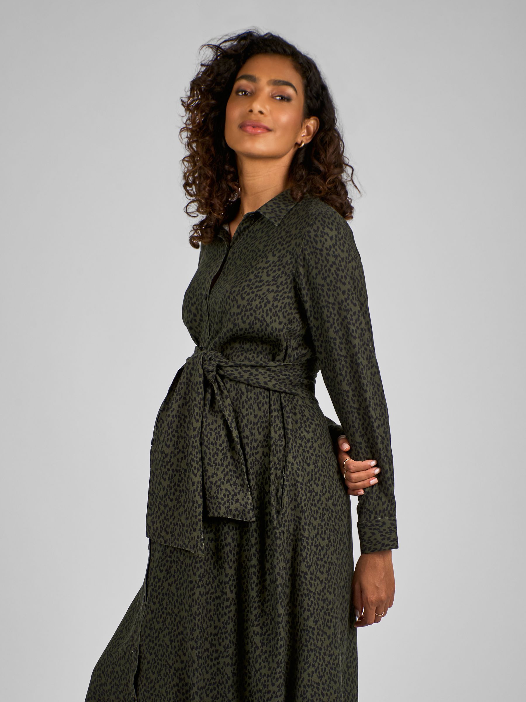 Khaki Green Animal Print Maternity Midi Shirt Dress - Image 3 of 4