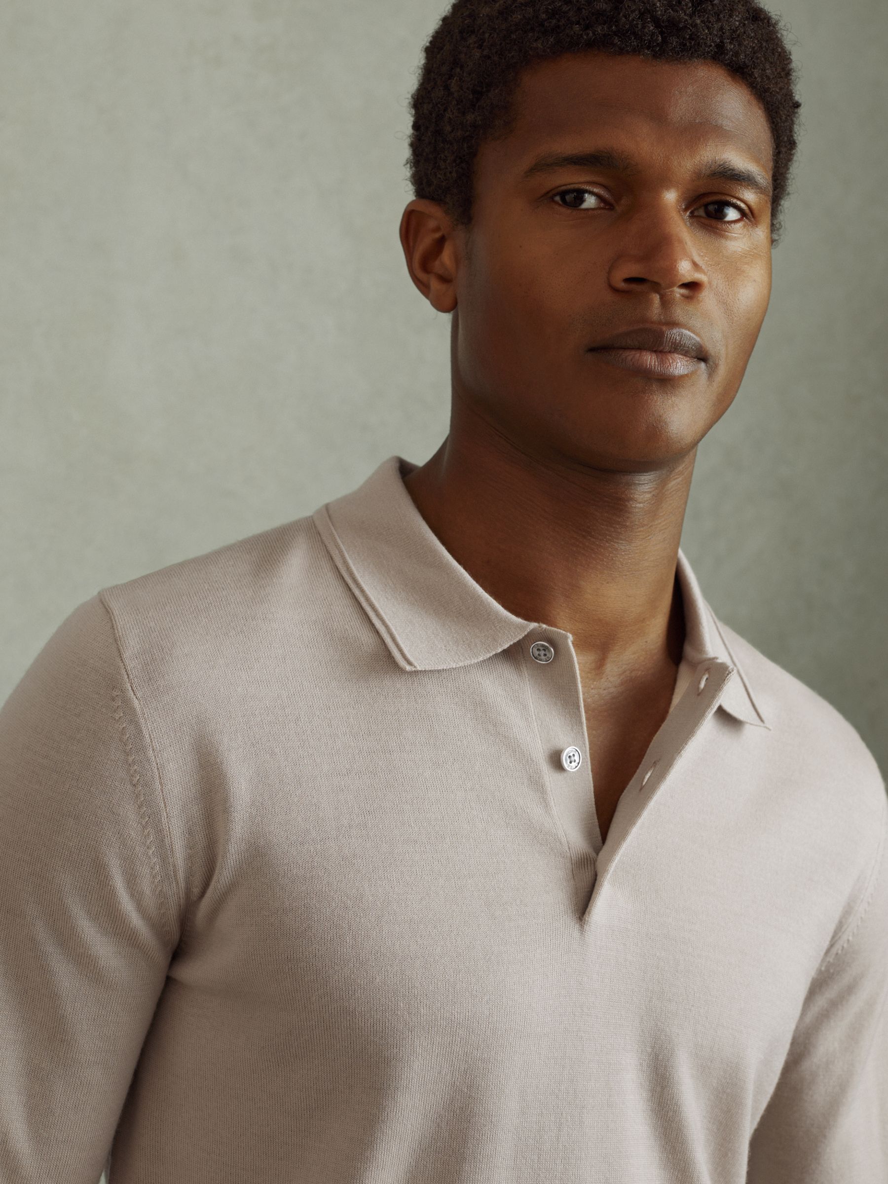 Merino Wool Polo Shirt in Washed Stone - Image 4 of 6