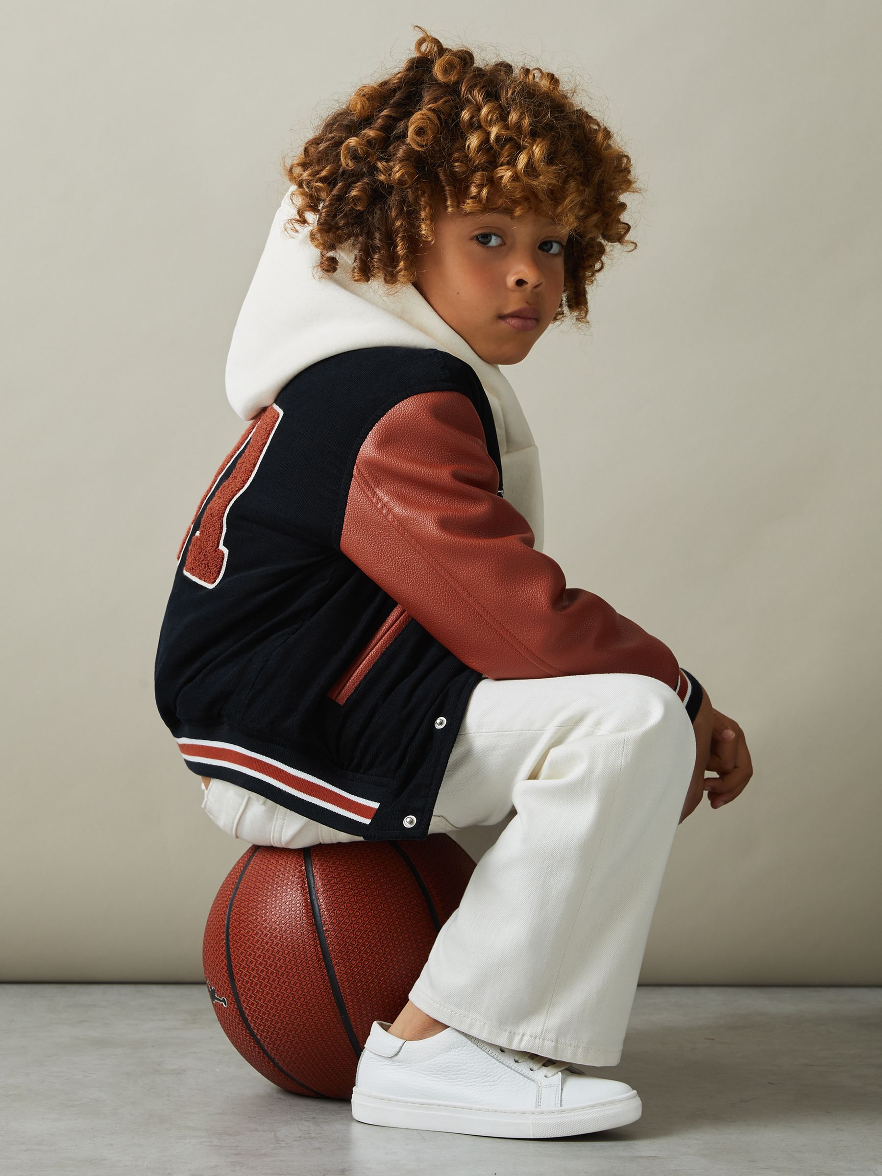 9-13 yrs Hybrid Cord-Faux Leather Varsity Bomber Jacket in Navy - Image 3 of 5