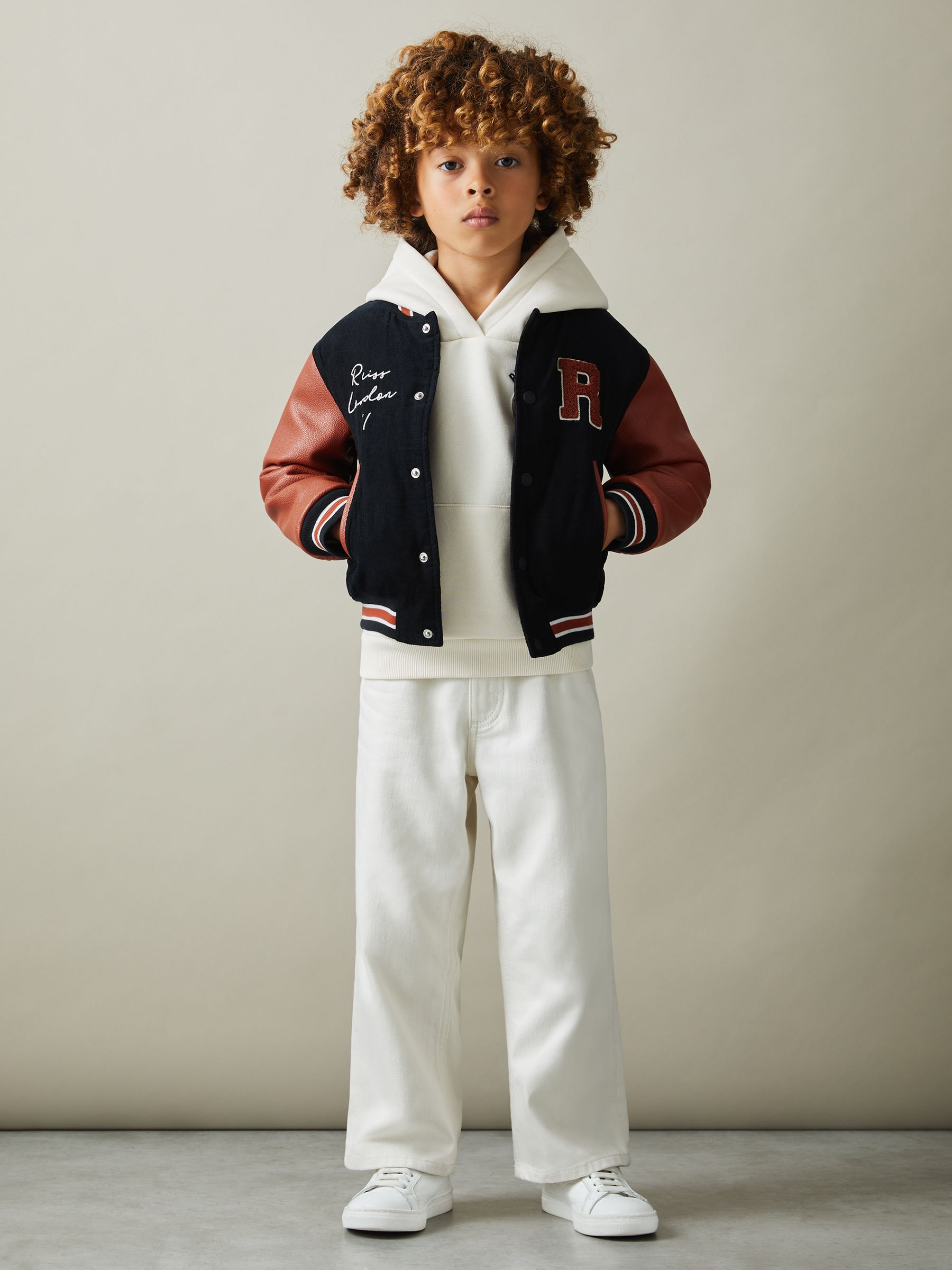 9-13 yrs Hybrid Cord-Faux Leather Varsity Bomber Jacket in Navy - Image 4 of 5