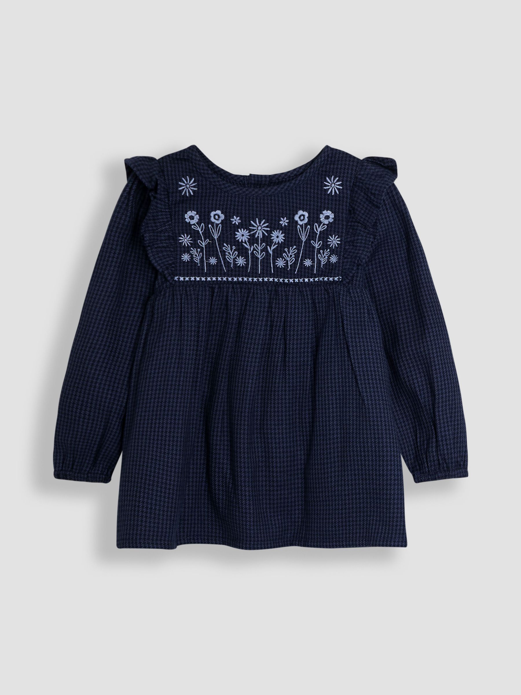 Navy Blue Houndstooth Floral Embroidered Frill Blouse and Leggings Set 2 Piece - Image 2 of 4