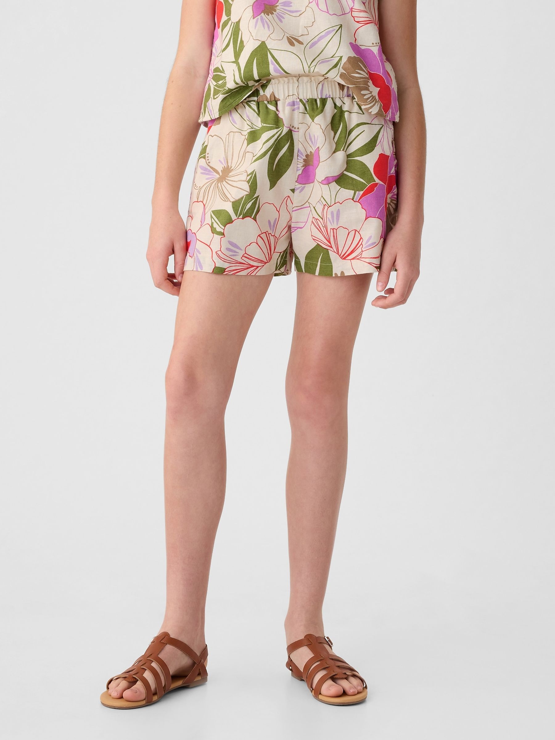 Natural Floral Linen Cotton Pull On Shorts (4-13yrs) - Image 1 of 6