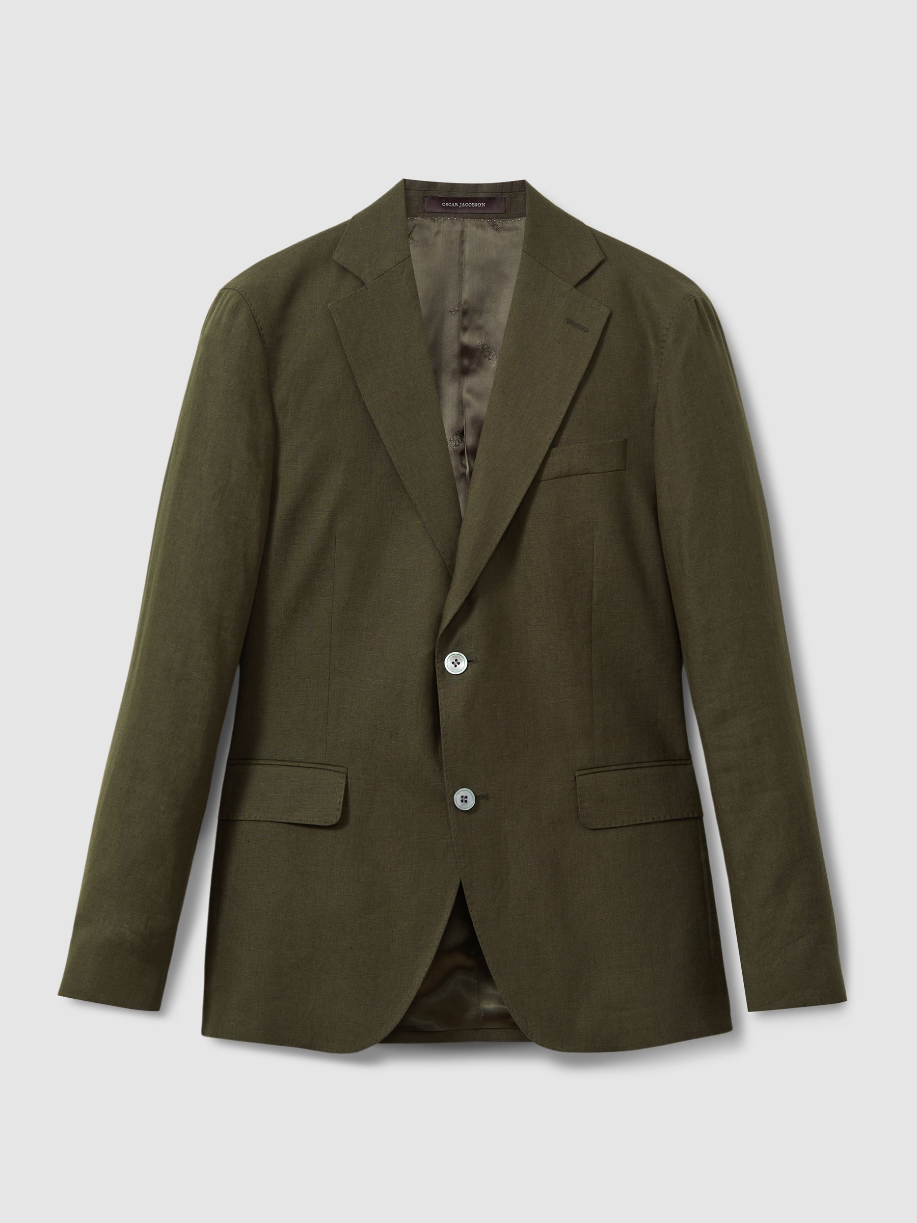 Oscar Jacobson Linen Double Breasted Blazer in Green - Image 2 of 7