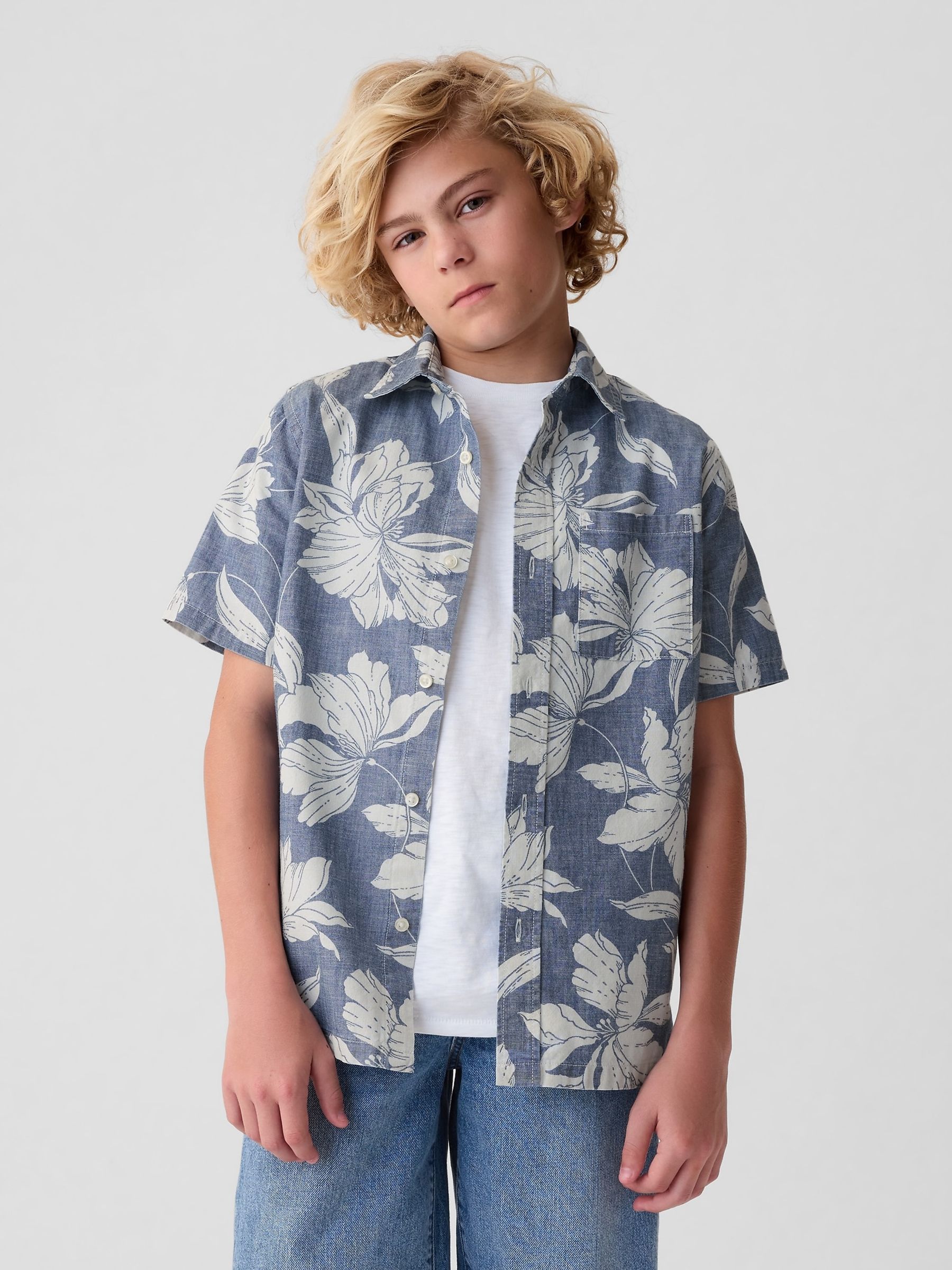 Blue Floral Cotton Short Sleeve Print Chambray Shirt (4-13yrs) - Image 1 of 4