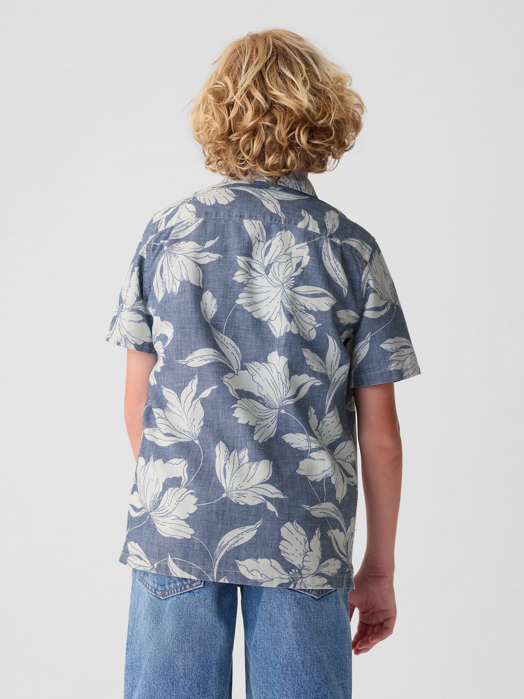 Blue Floral Cotton Short Sleeve Print Chambray Shirt (4-13yrs) - Image 2 of 4