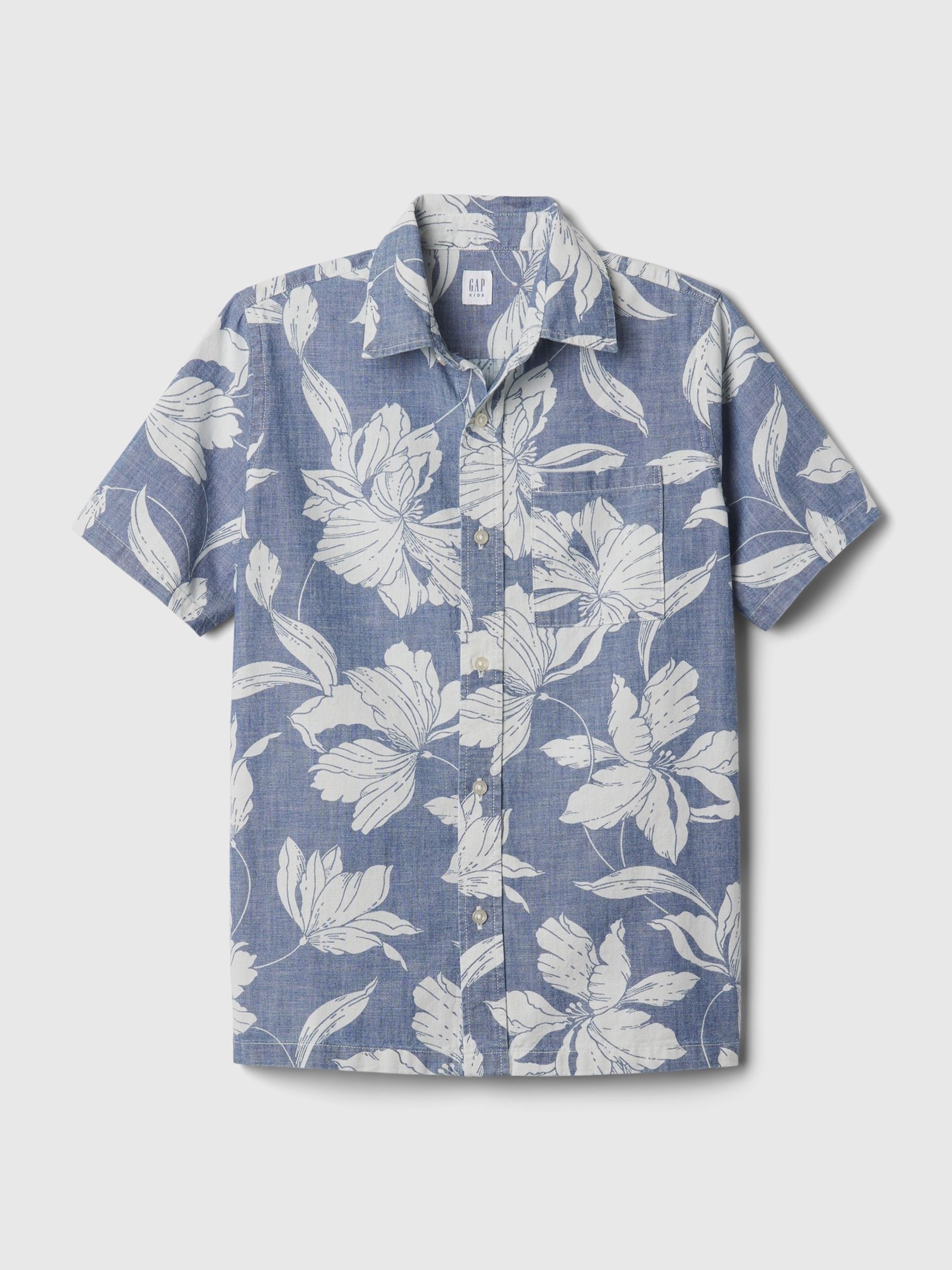 Blue Floral Cotton Short Sleeve Print Chambray Shirt (4-13yrs) - Image 4 of 4