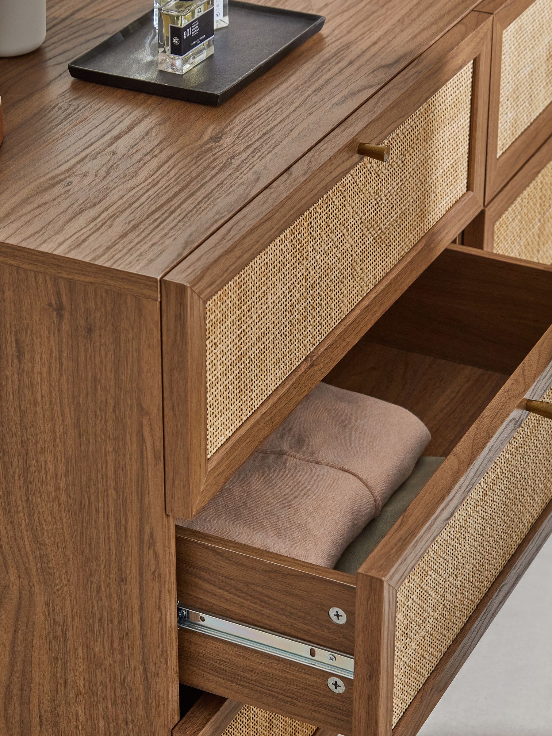 Pavia Rattan 6 Drawer Wide Chest of Drawers in Dark Oak Effect - Image 4 of 4