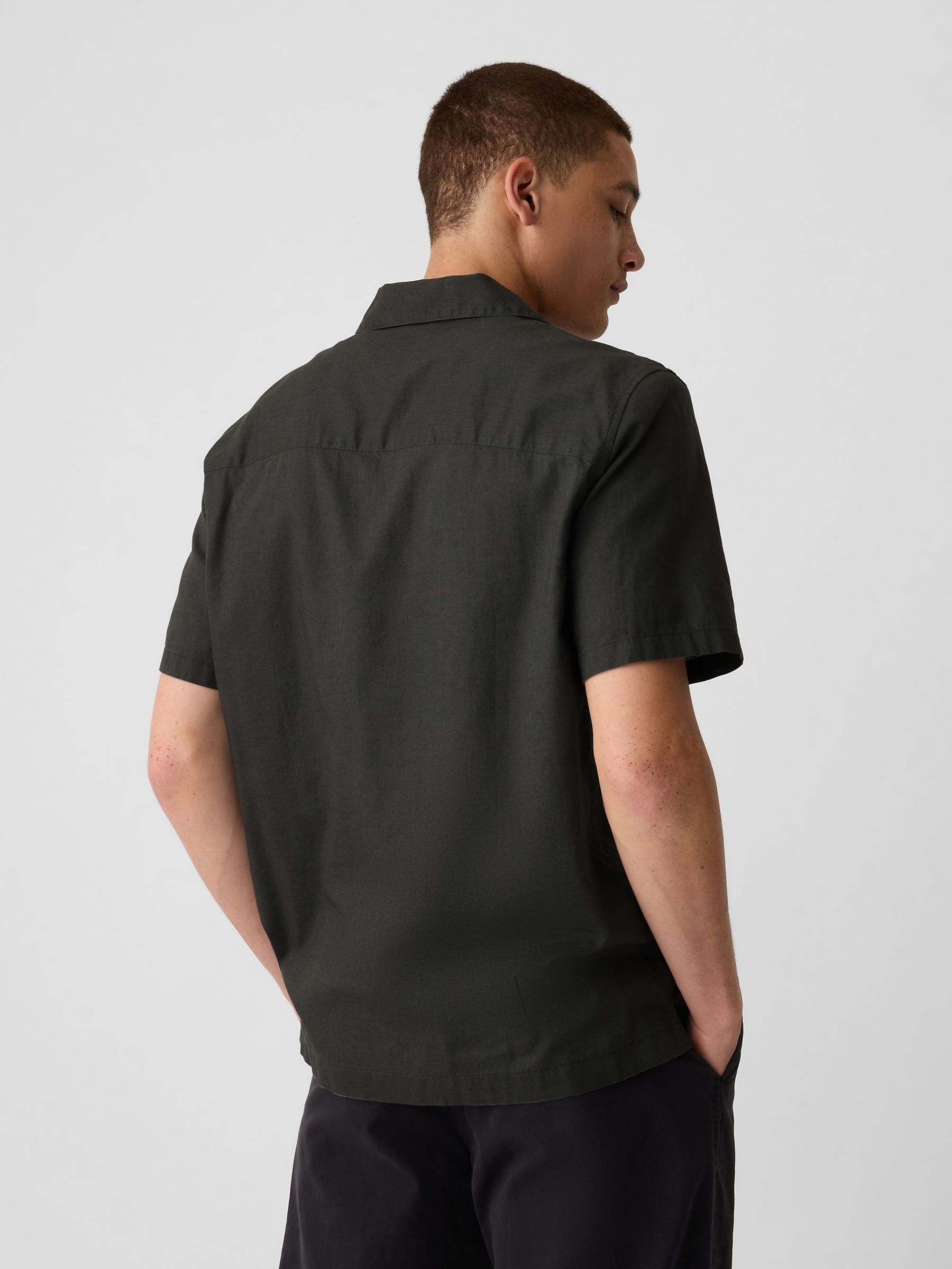 Black Linen Cotton Short Sleeve Utility Shirt - Image 2 of 3