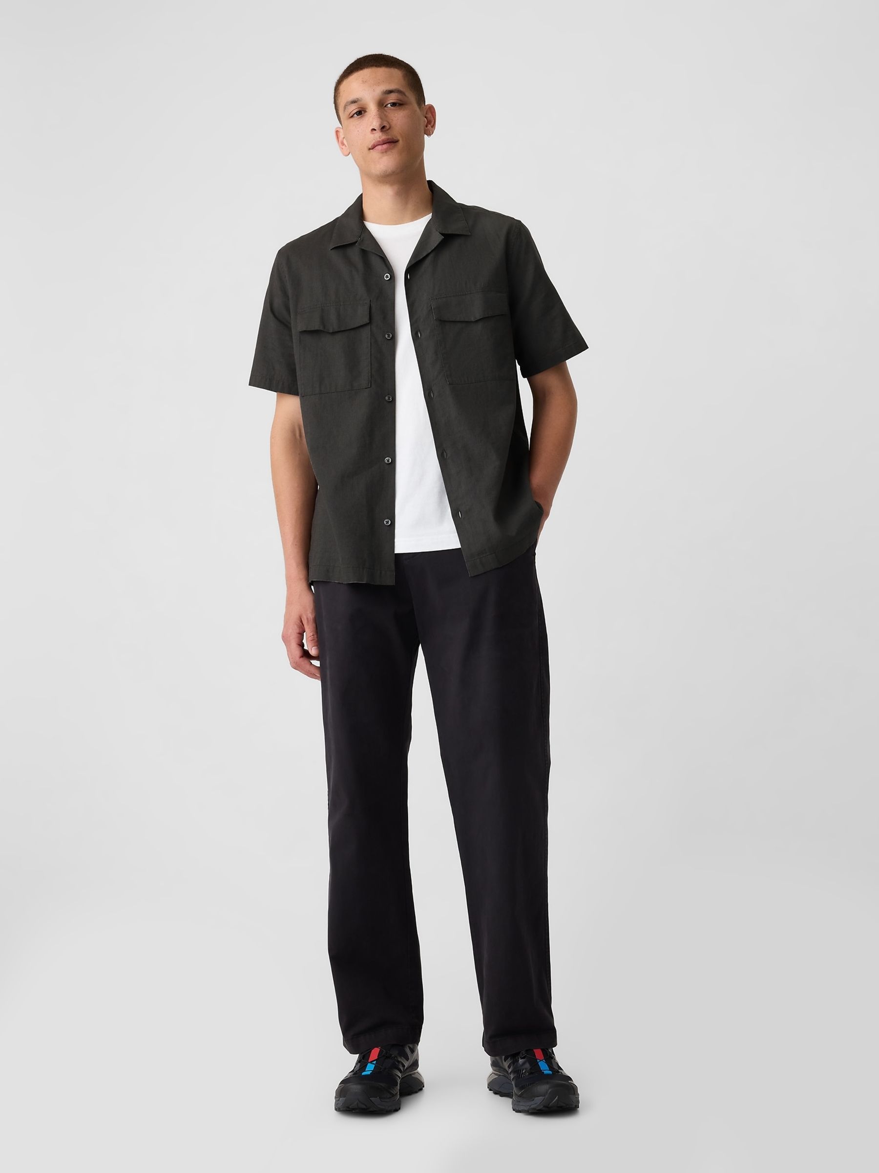 Black Linen Cotton Short Sleeve Utility Shirt - Image 3 of 3