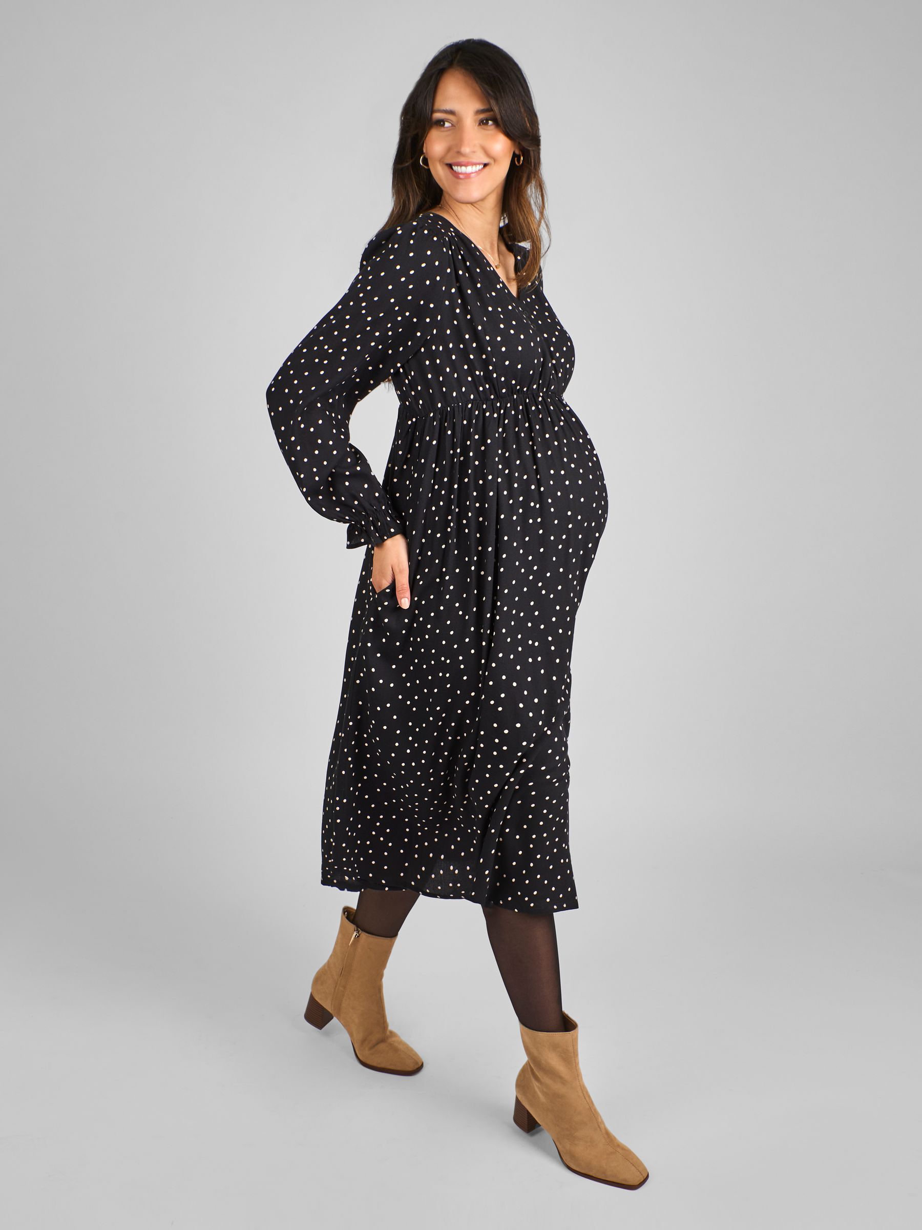 Black Polka Dot V-Neck Maternity Midi Dress | JoJo Maman Bb