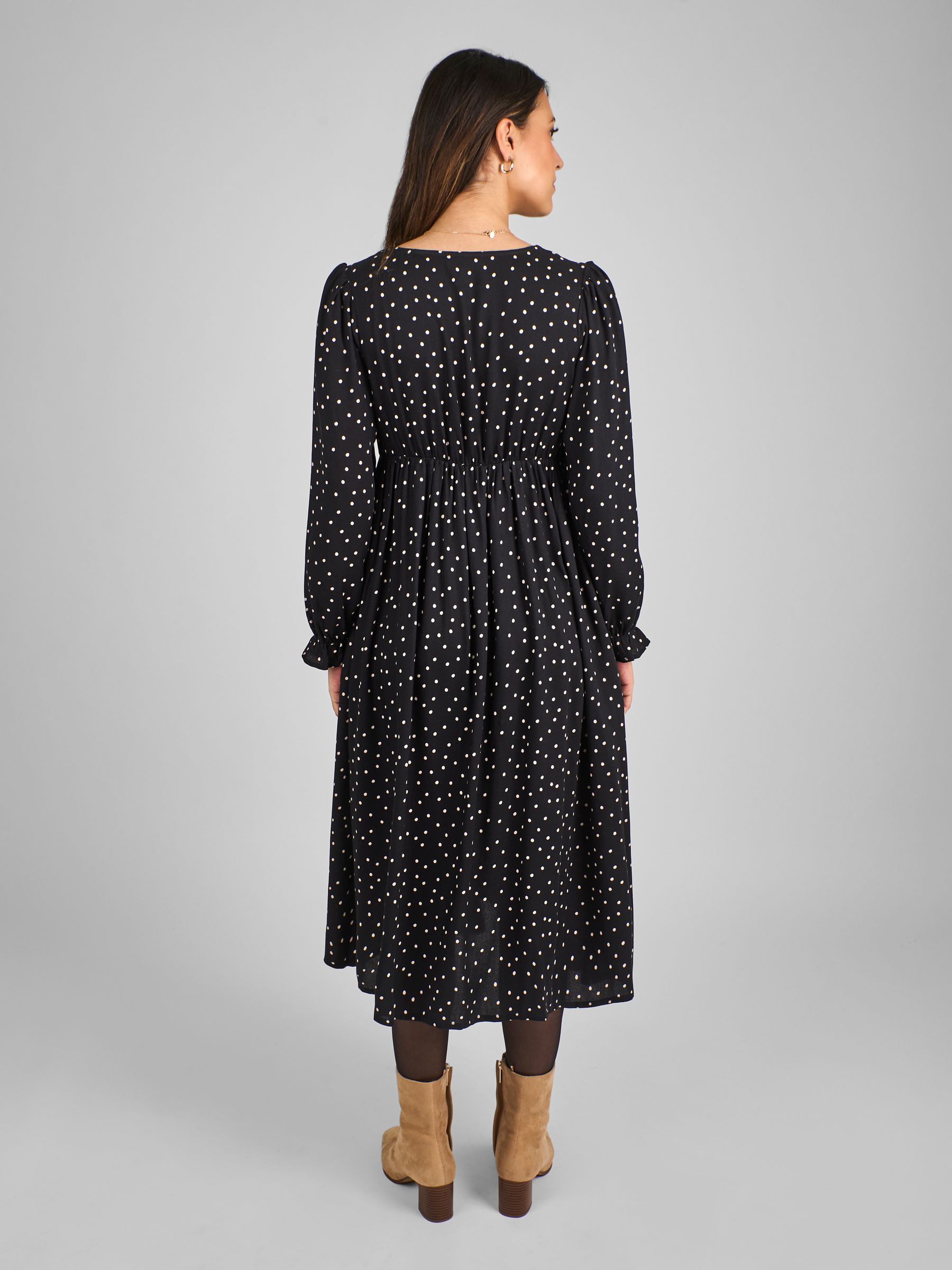 Black Polka Dot V-Neck Maternity Midi Dress - Image 2 of 4