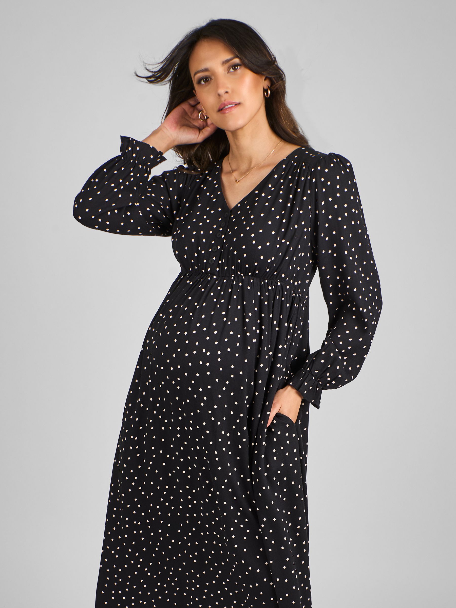 Black Polka Dot V-Neck Maternity Midi Dress - Image 3 of 4