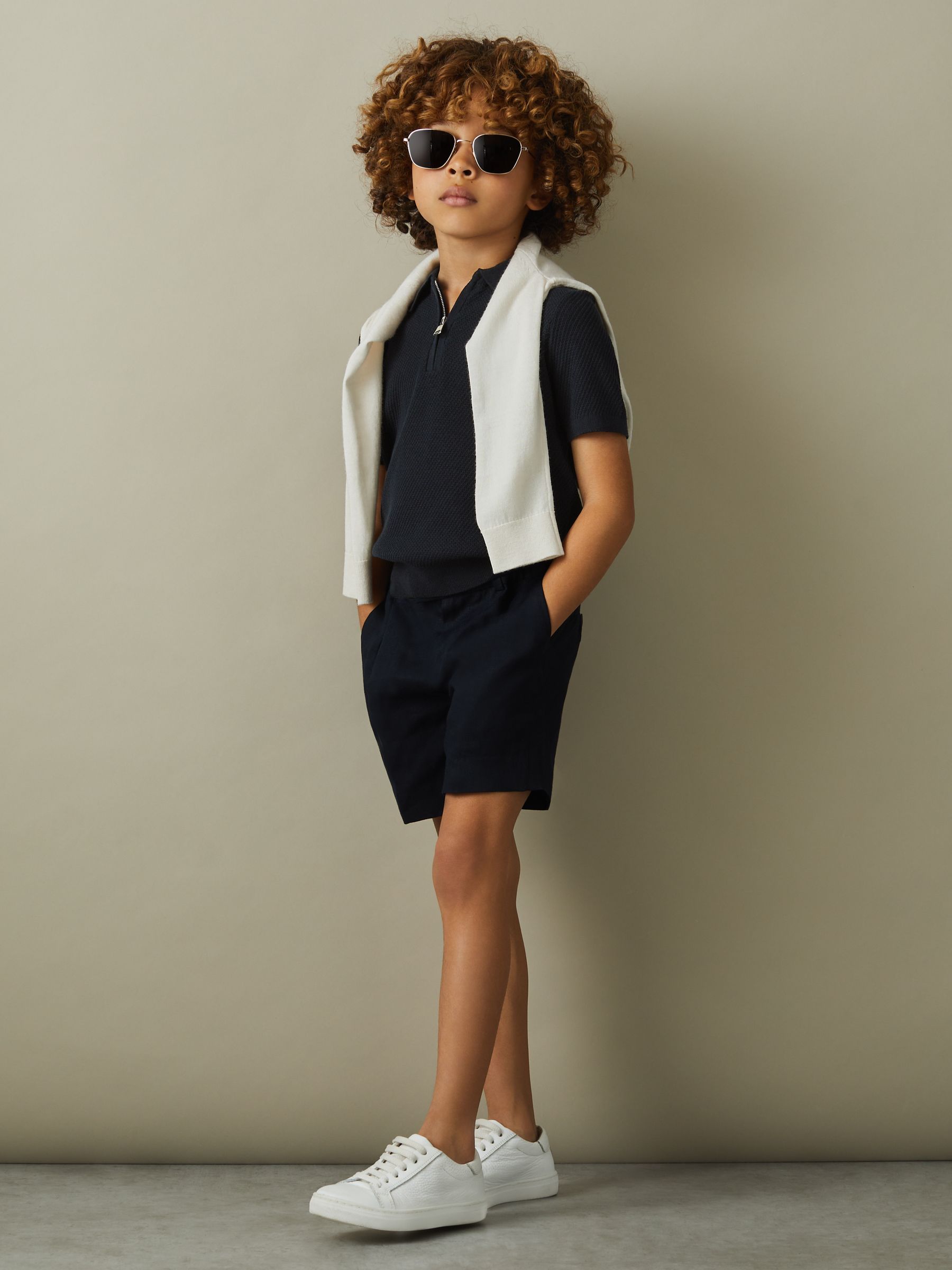 13-14 yrs Textured Quarter Zip Polo Shirt in Navy - Image 4 of 5