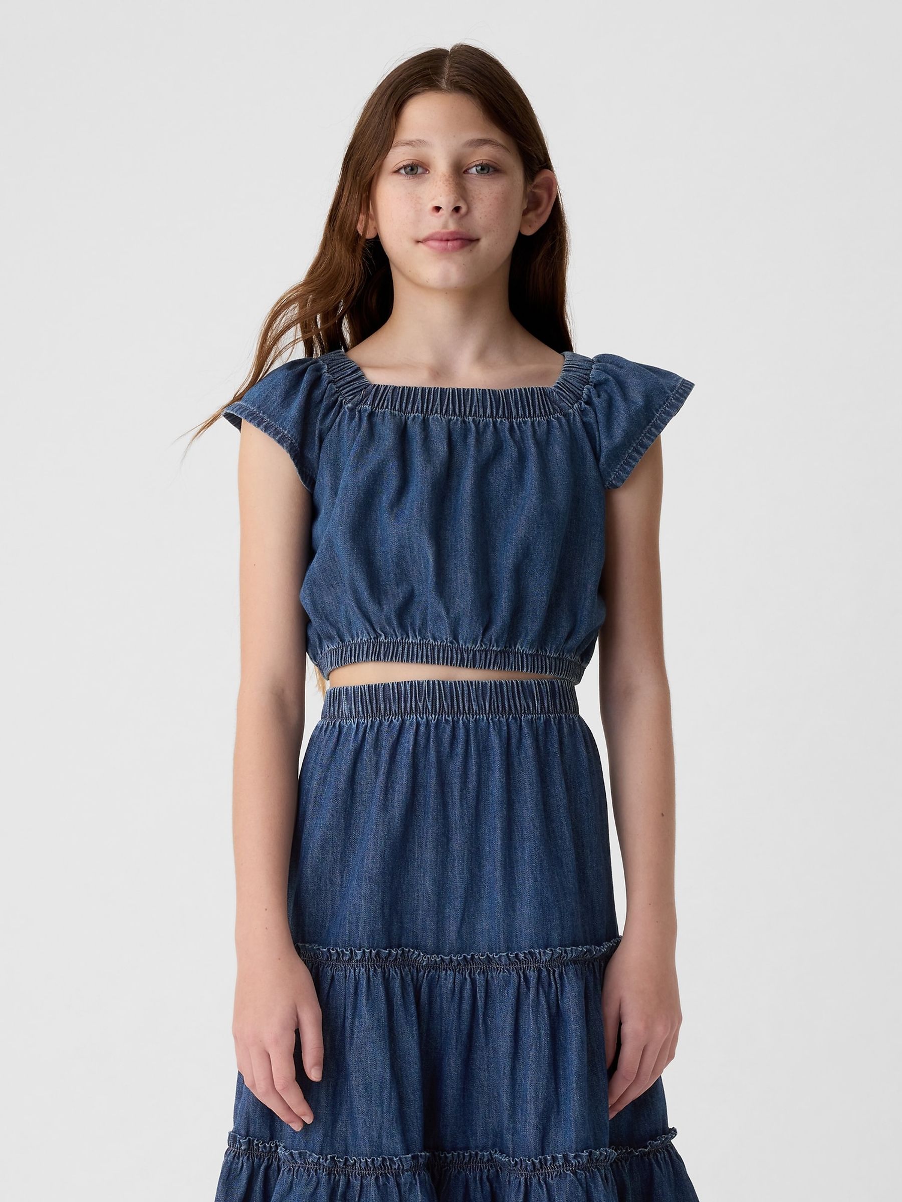 Blue Cotton Flutter Denim Crop Top (4-13yrs) - Image 1 of 4