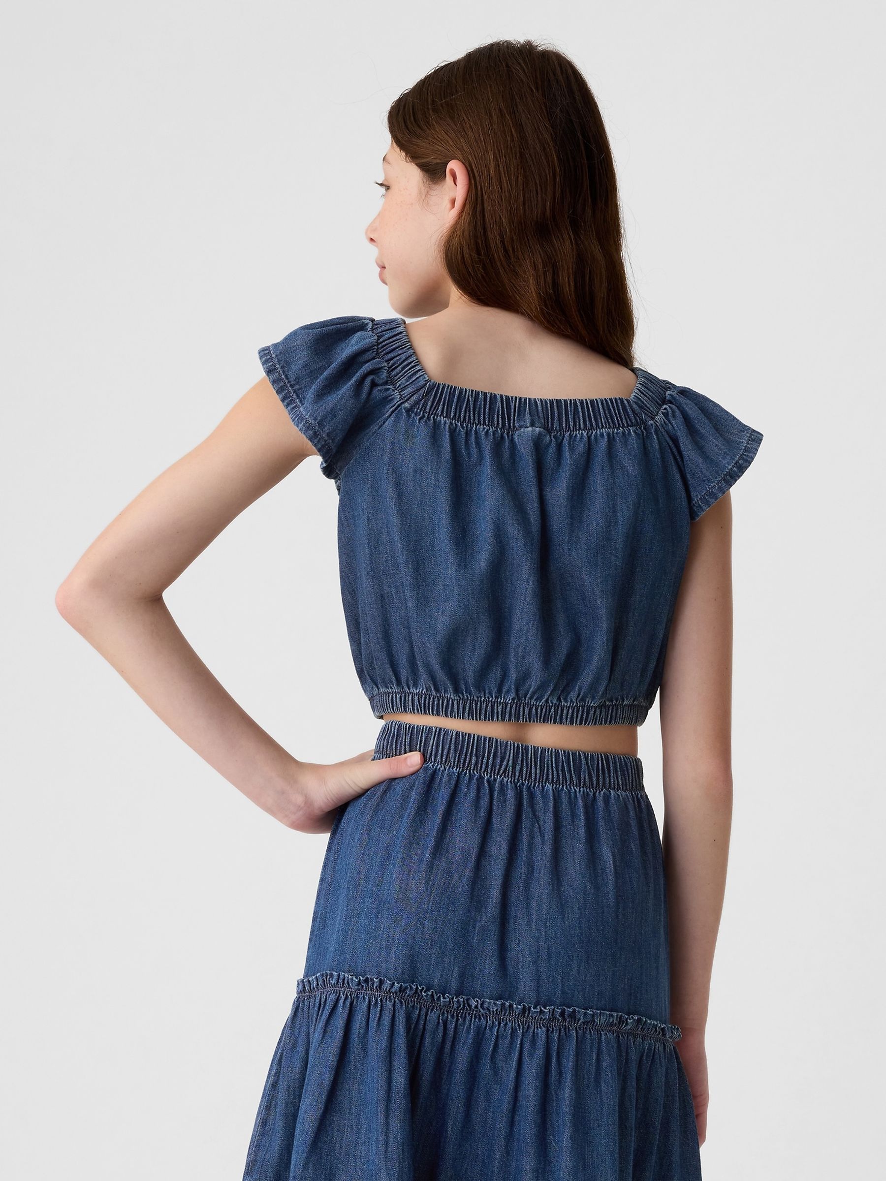 Blue Cotton Flutter Denim Crop Top (4-13yrs) - Image 2 of 4