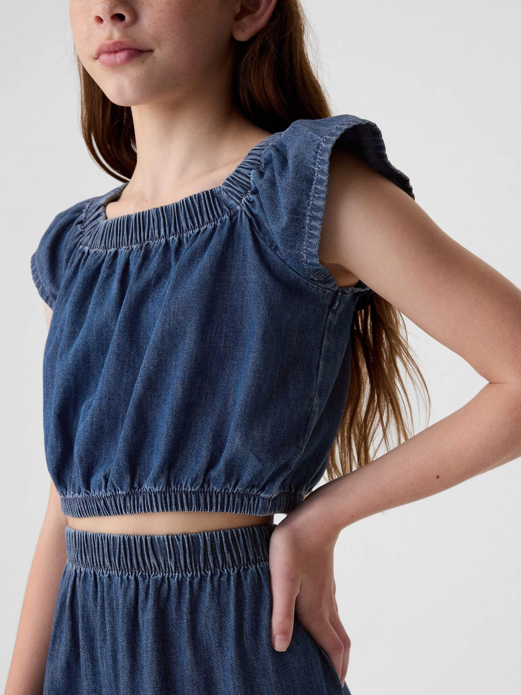 Blue Cotton Flutter Denim Crop Top (4-13yrs) - Image 3 of 4