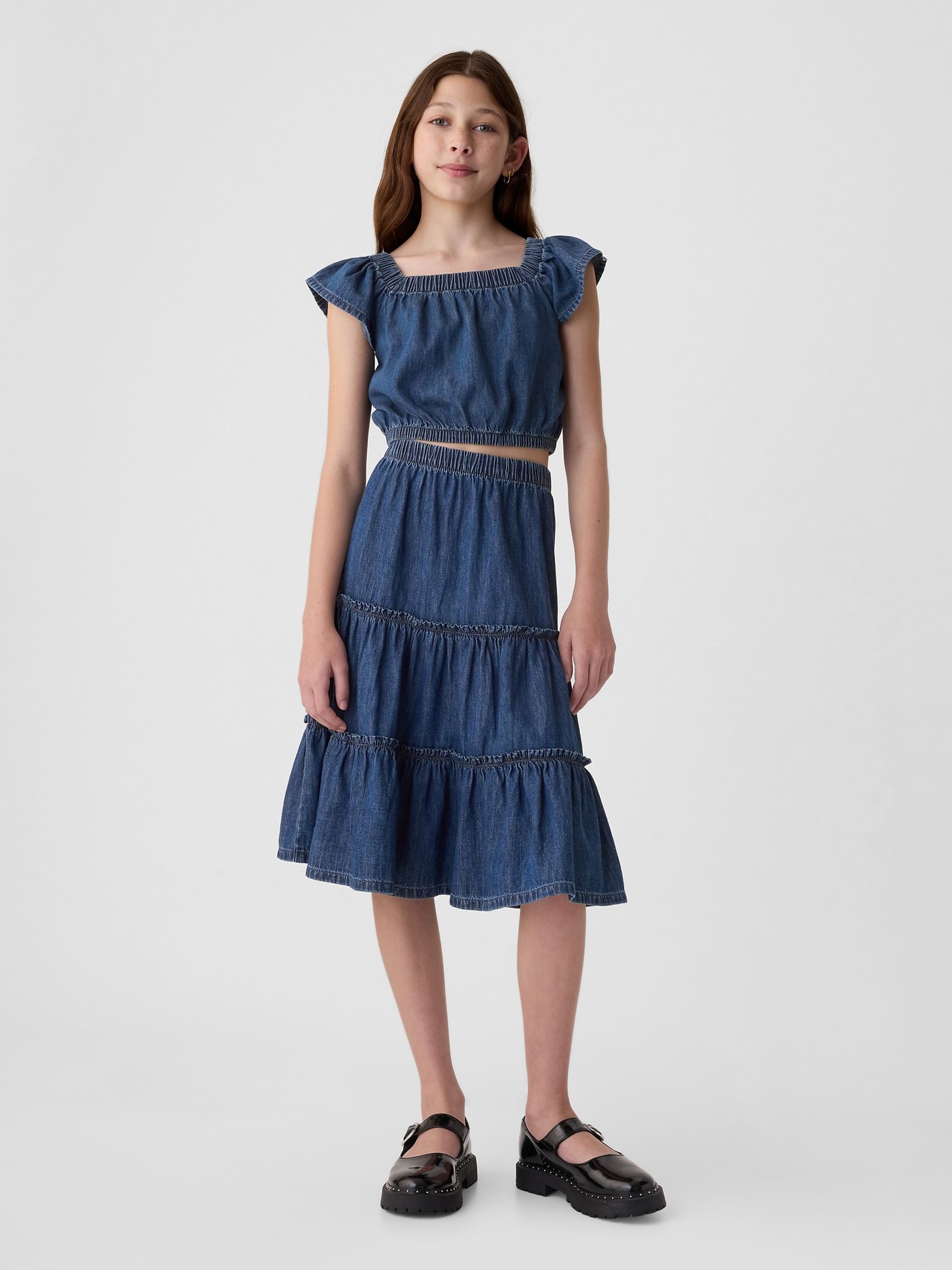 Blue Cotton Flutter Denim Crop Top (4-13yrs) - Image 4 of 4