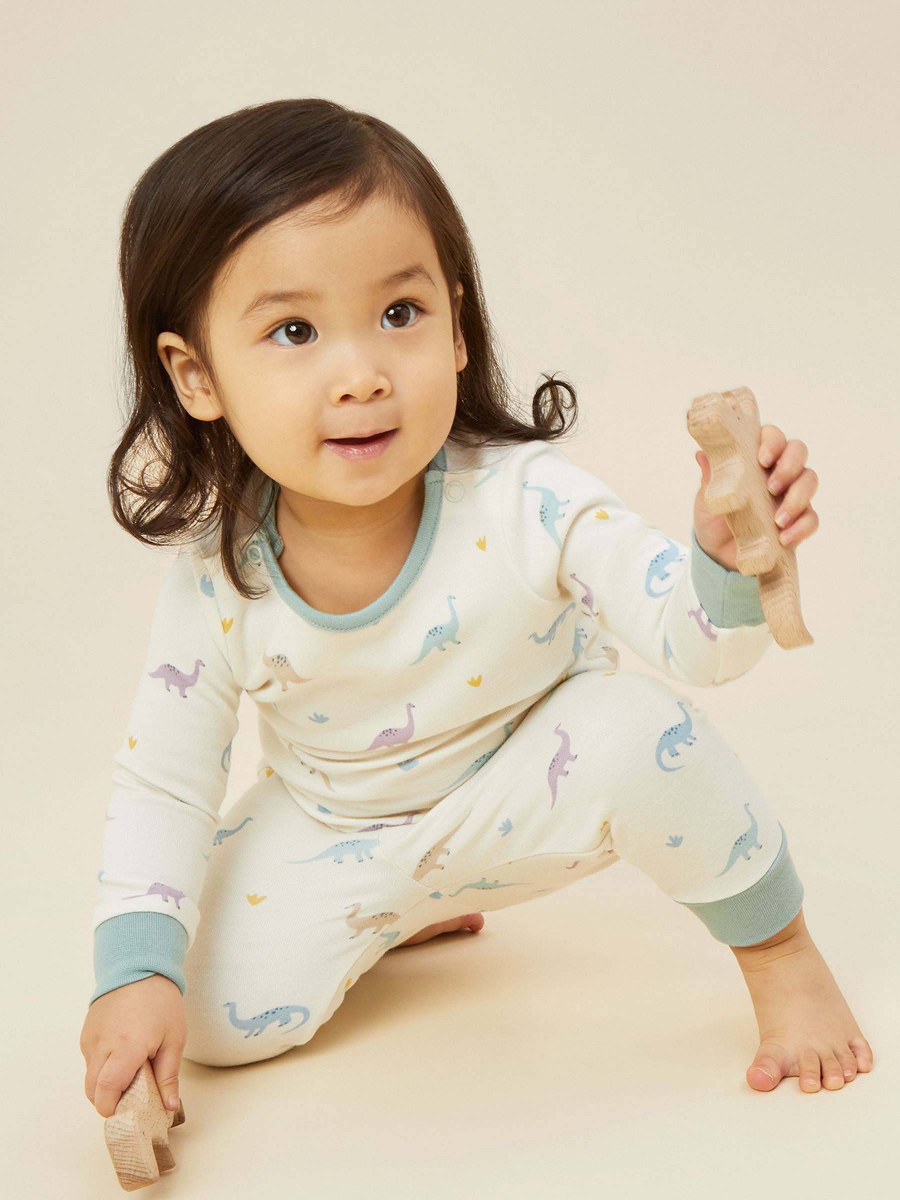MORI Cream Dinosaur Print Supersoft Dinosaur Long Sleeve Pyjama Set - Image 1 of 7