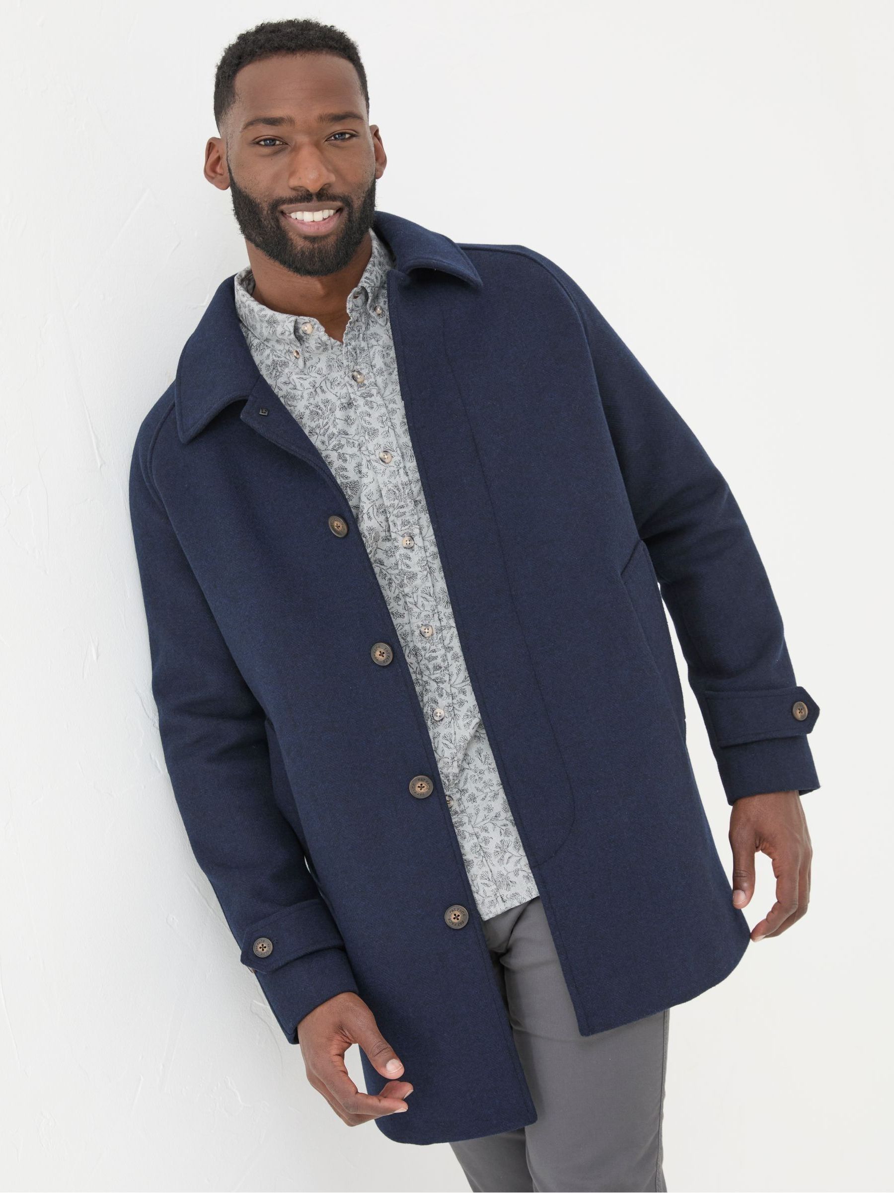 Pendeen Navy Blue Raglan Overcoat | FatFace